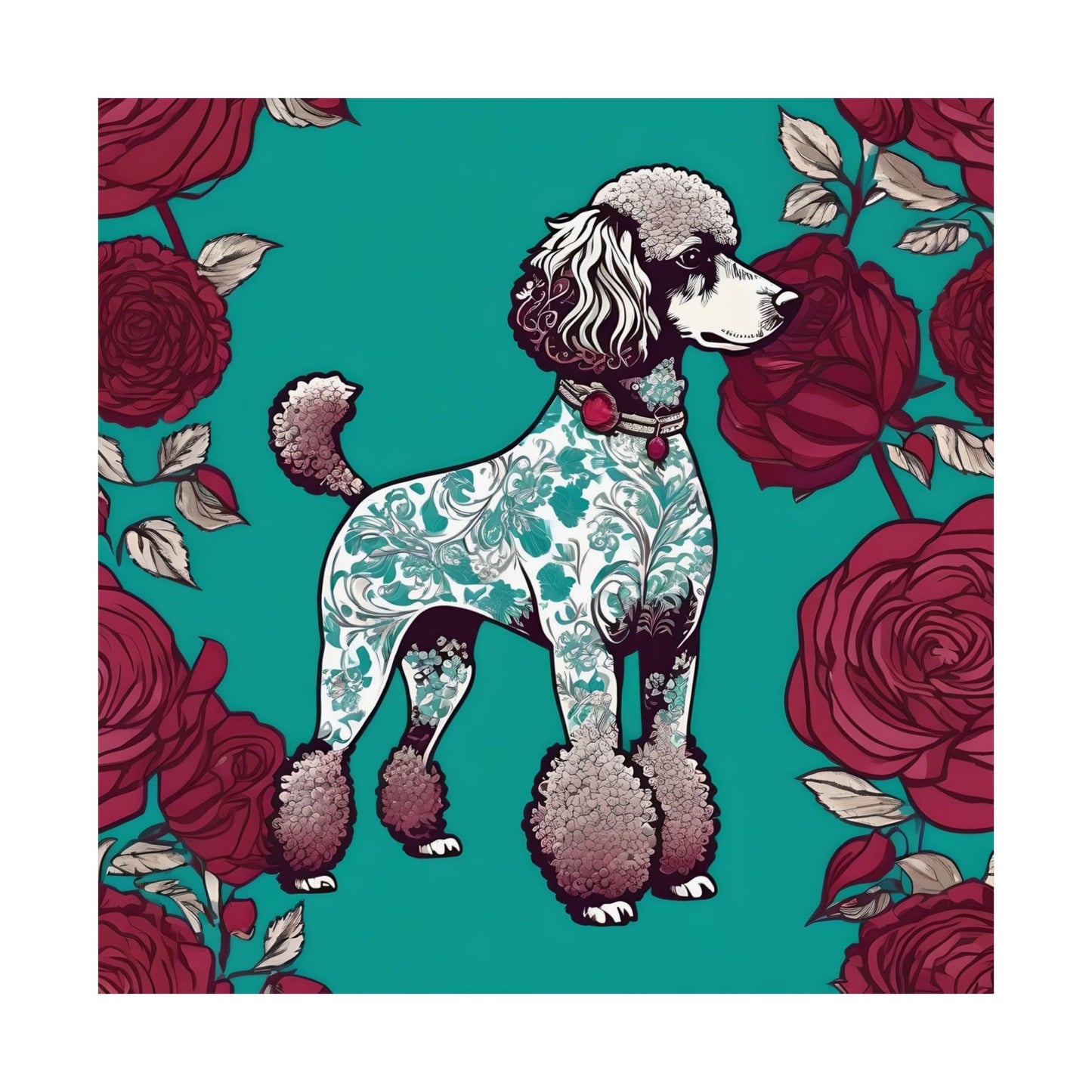 Vertical Poster - Elegant Matte Floral Art Wall Decor - Damask Aqua & White Poodle With Burgundy Roses