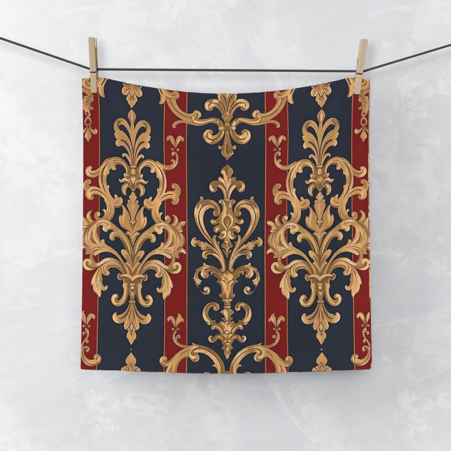 Elegant Vintage Face Towel – Luxurious Gold Pattern for Home & Spa - Midnight Blue & Dusk Red Damask