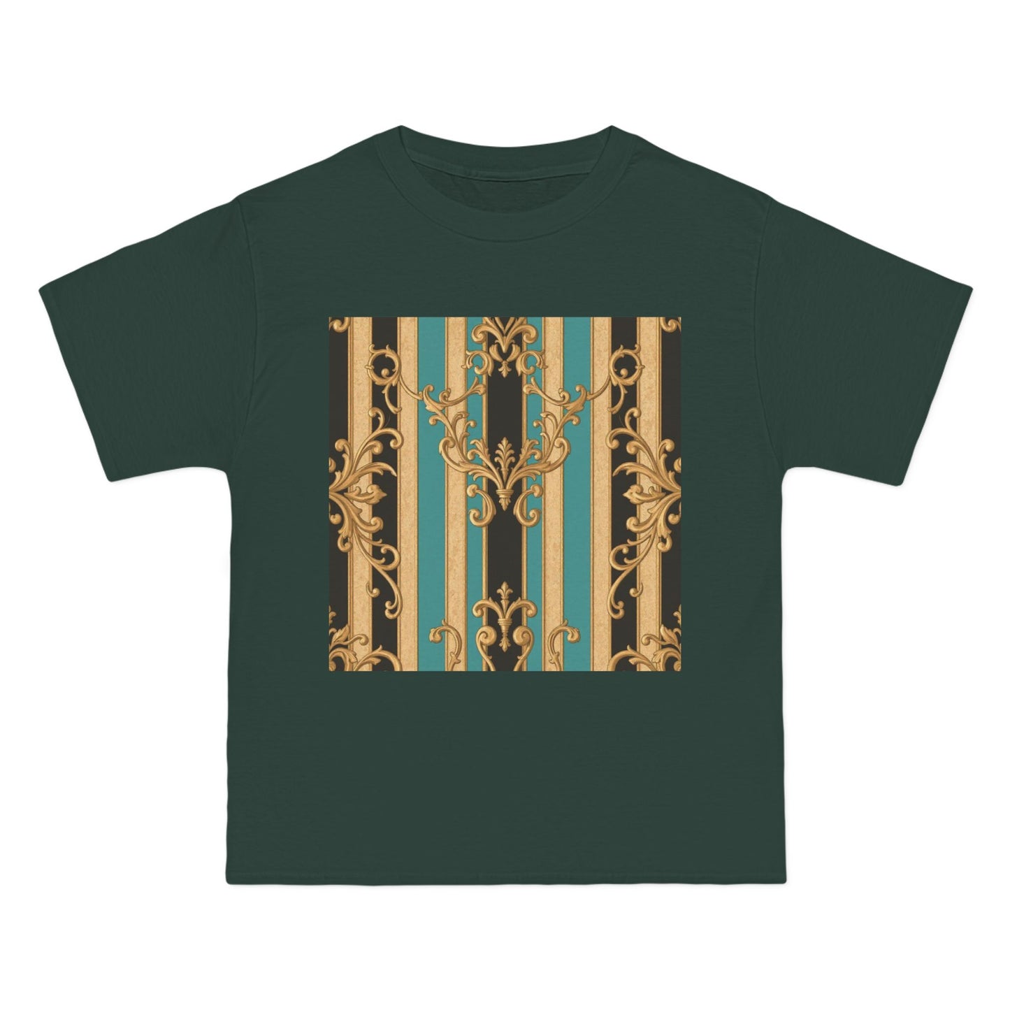 Chic Black, Tan & Ocean Green Striped Gold Baroque Vintage Pattern T-Shirt - Art Shirt, Stylish Casual Wear, Gifts & Everyday Fashion