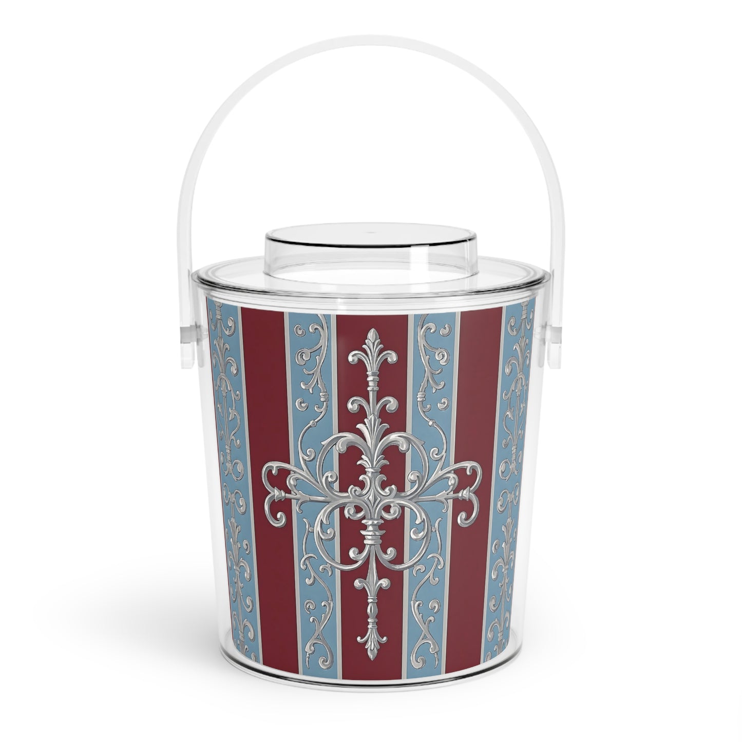 Elegant Vintage Ice Bucket with Tongs - Perfect for Parties and Celebrations - Ice Blue & Burgundy Striped Baroque