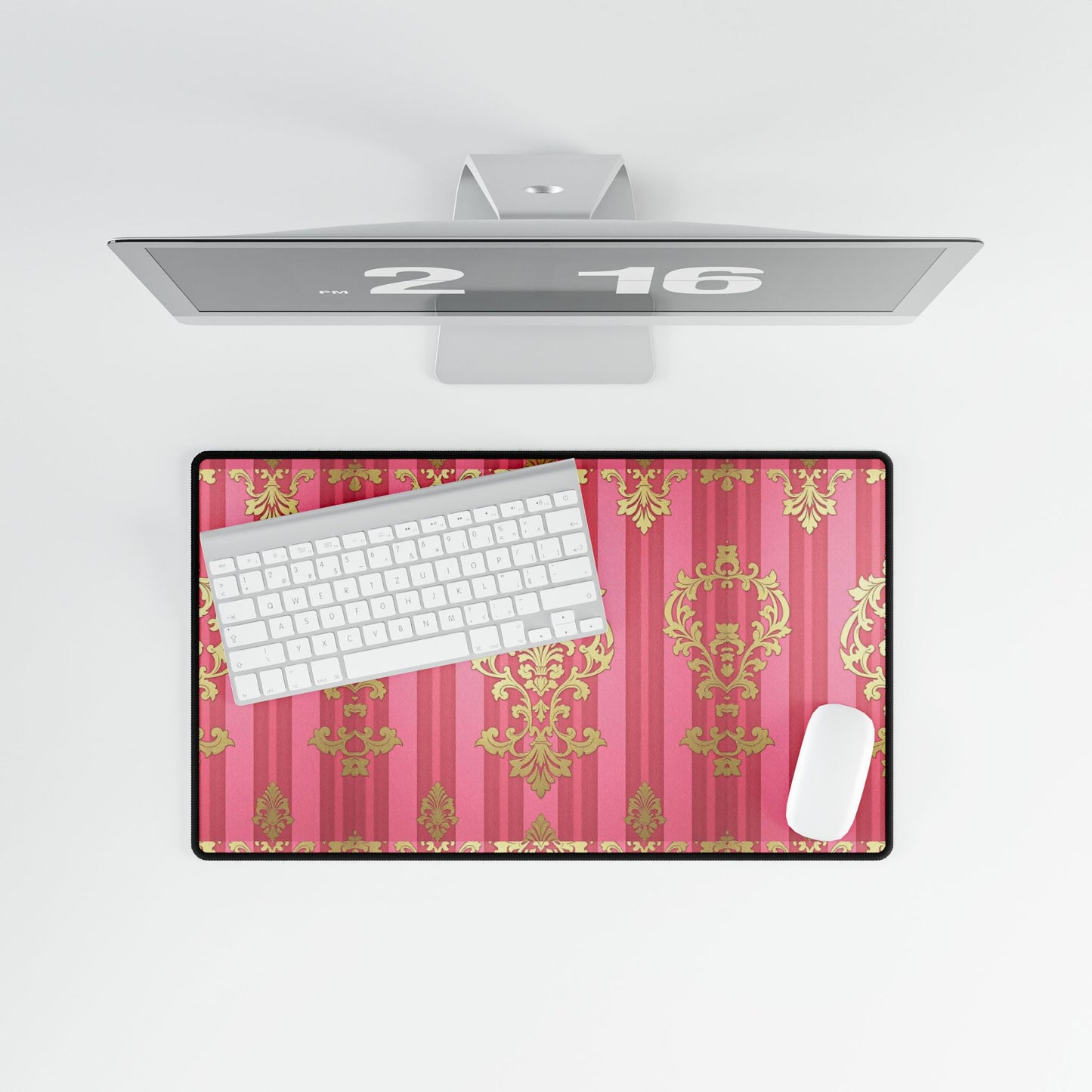 Elegant Floral Motif Desk Mat for Home Office Decor - Pink Striped Gold Damask