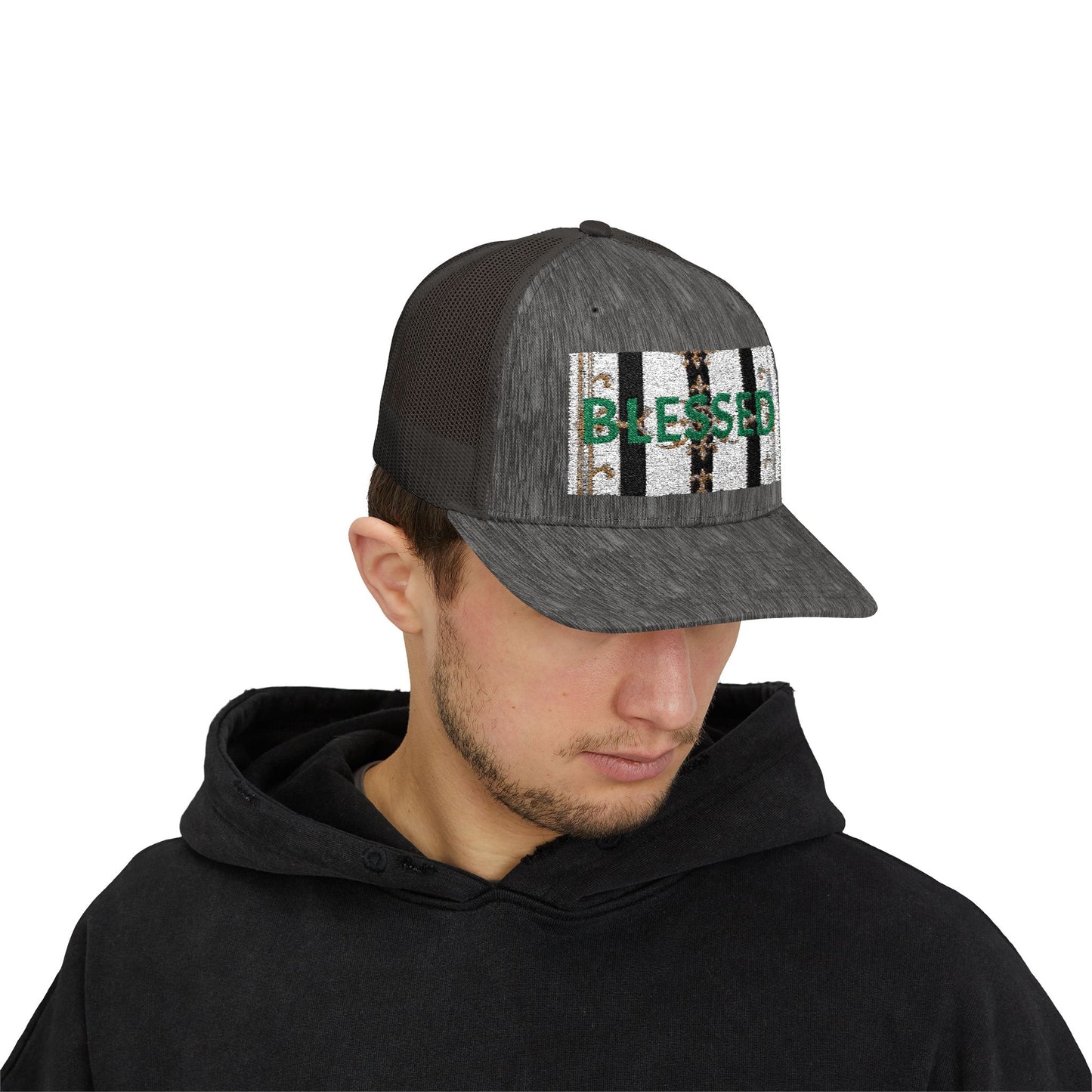 Blessed Snapback Trucker Cap | Casual Style, Outdoor Gear, Faith-Based Gift, Adjustable Hat, Everyday Fashion - Black & White Striped Gold Baroque