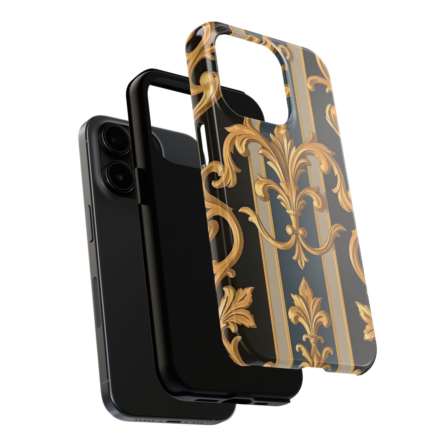 Elegant Rococo Phone Cases, Tough iPhone Case, Floral Design Case, Luxury Phone Cover - Blue & Black Striped Rococo