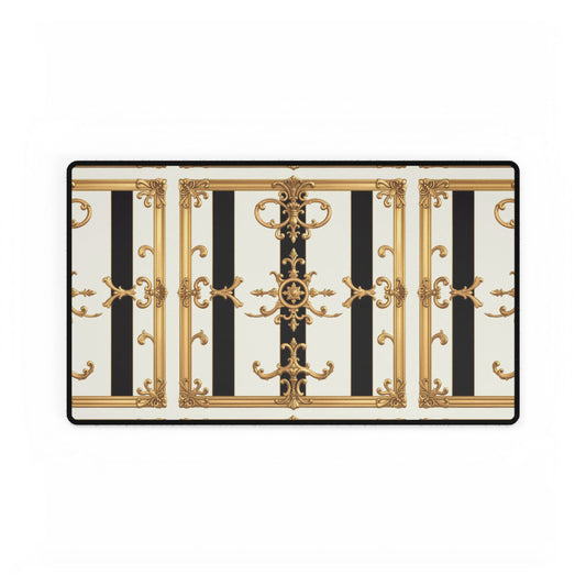 Elegant Desk Mats for Home Office, Stylish Desk Accessories, Chic Workstation Decor, Perfect Gift for Boss's Day - Black & White Striped Gold Baroque