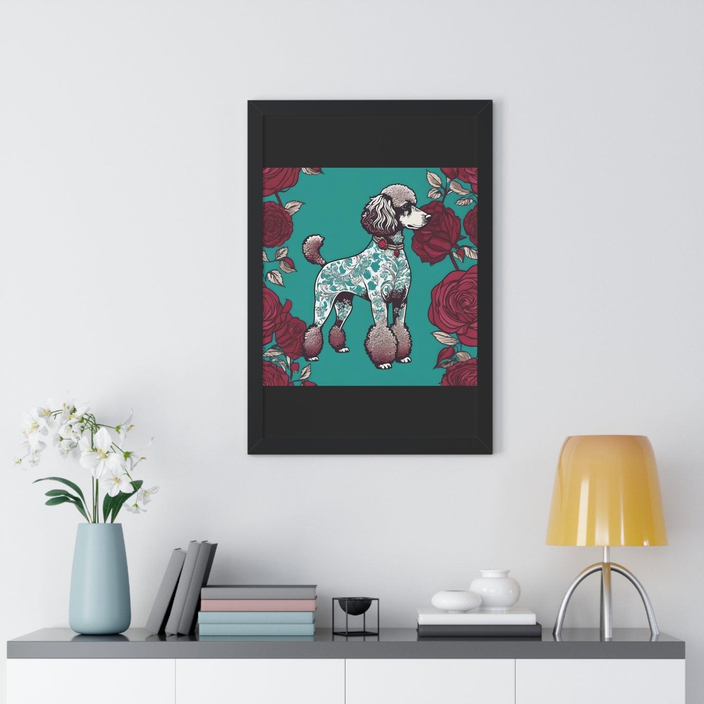 Vertical Poster - Stylish Framed - Art for Home Decor - Damask Aqua & White Poodle With Burgundy Roses