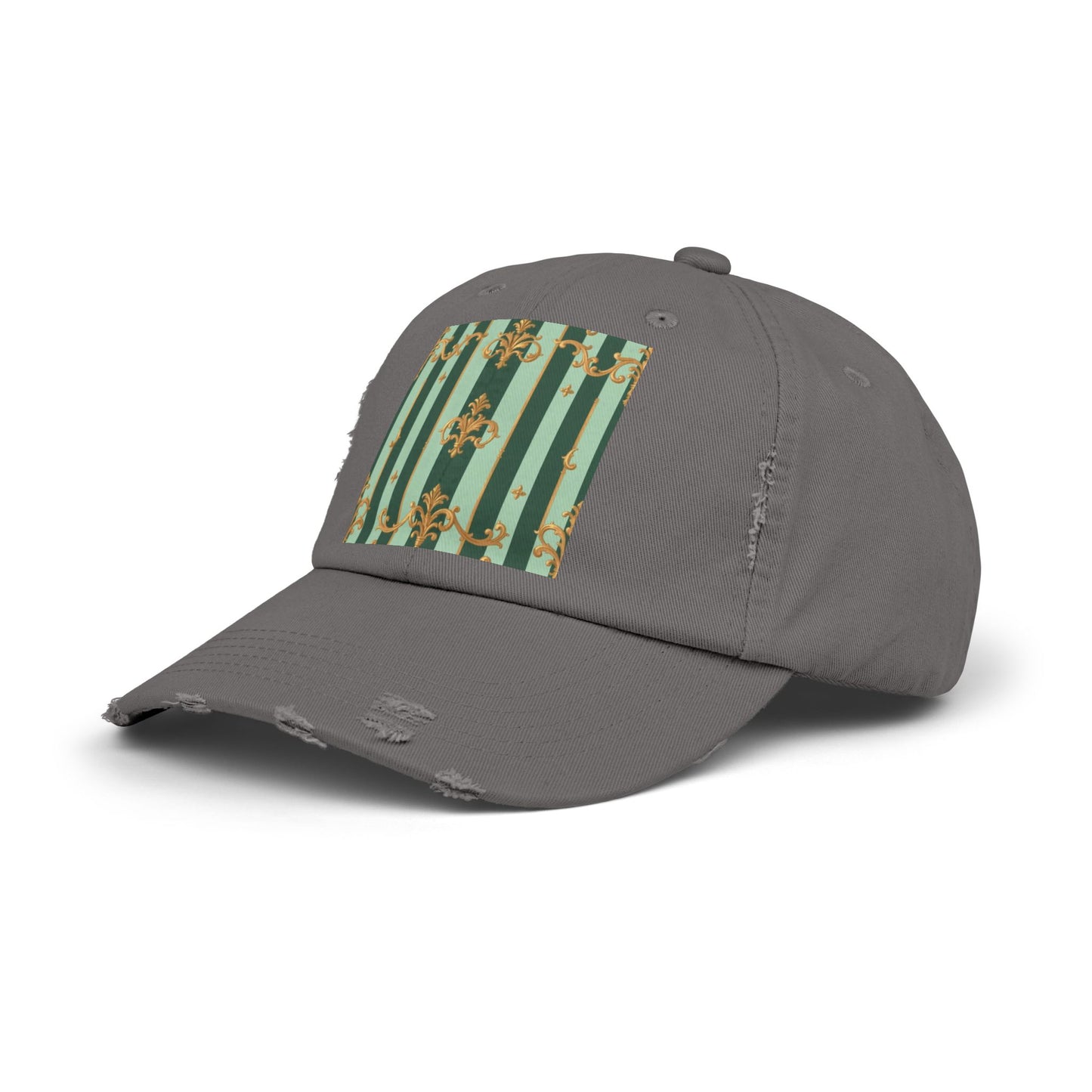 Vintage Chic Unisex Distressed Cap - Fashion Hat, Casual Headwear, Trendy Accessory, Gift for Him/Her - Mint Green & Teal Striped Gold Baroque