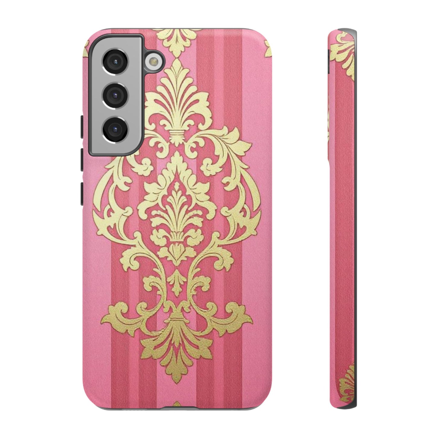Elegant Floral Motif Phone Case - Tough Cases with Vintage Design - Pink Striped Damask