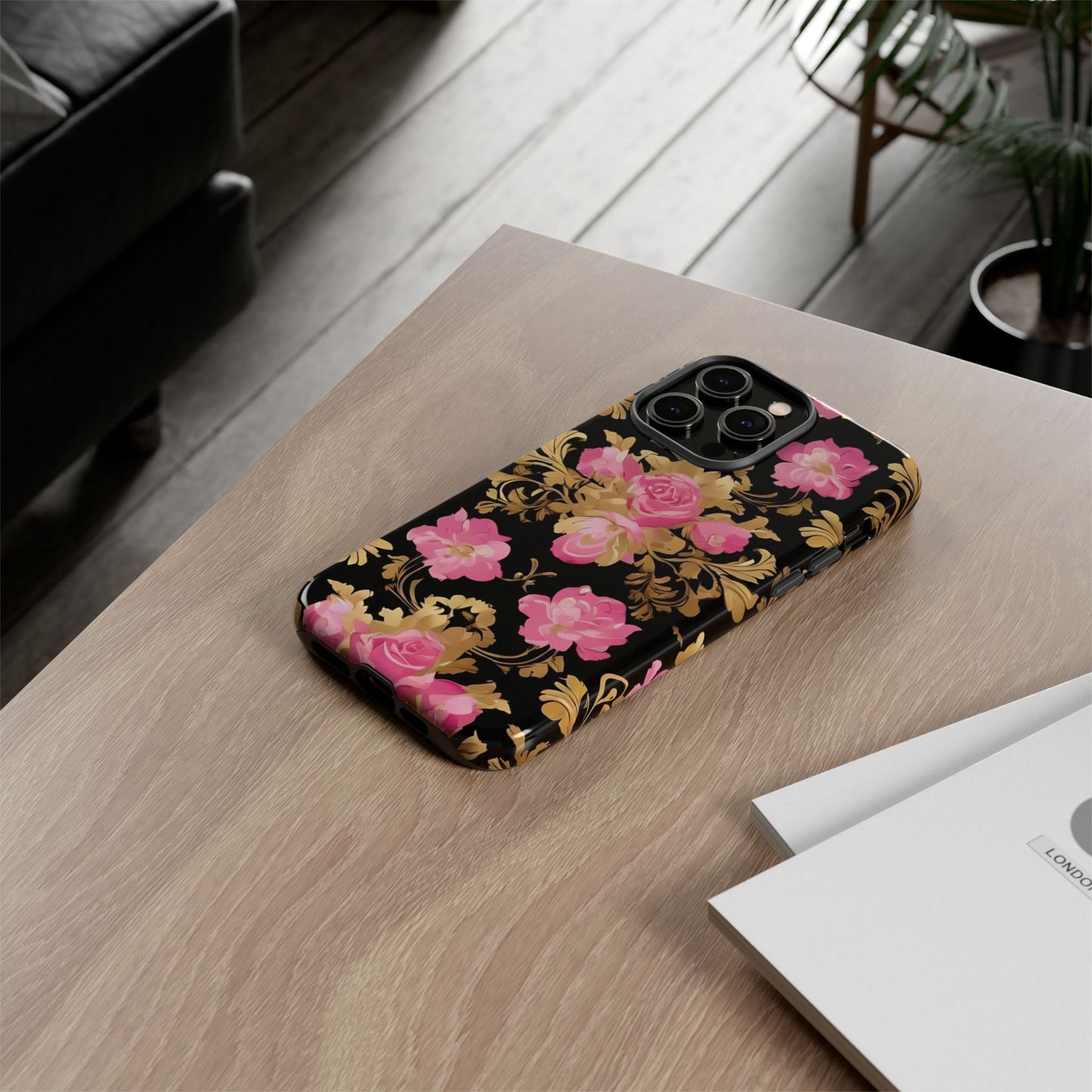 Elegant Floral Motif Phone Case - Tough Cases with Vintage Design - Pink & Gold Roses