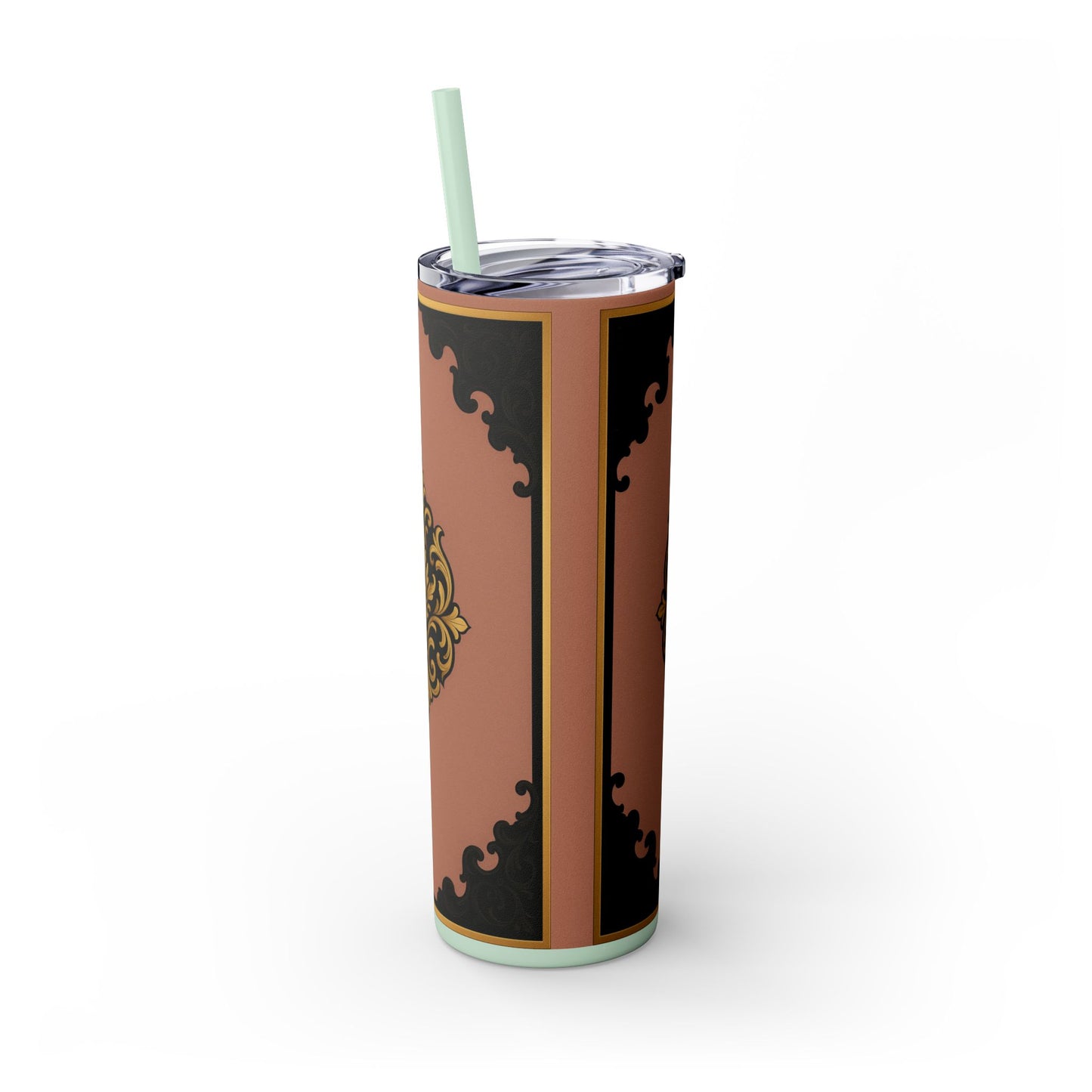 20oz Skinny Tumbler with Straw — Vintage Mauve & Black-Gold Baroque Design