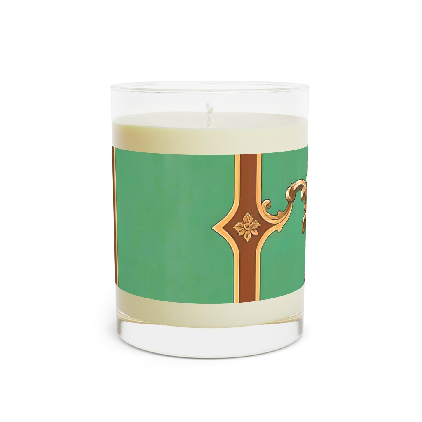 Elegant Green & Gold Scented Candle - 11oz Full Glass - Rust & Green Striped Baroque