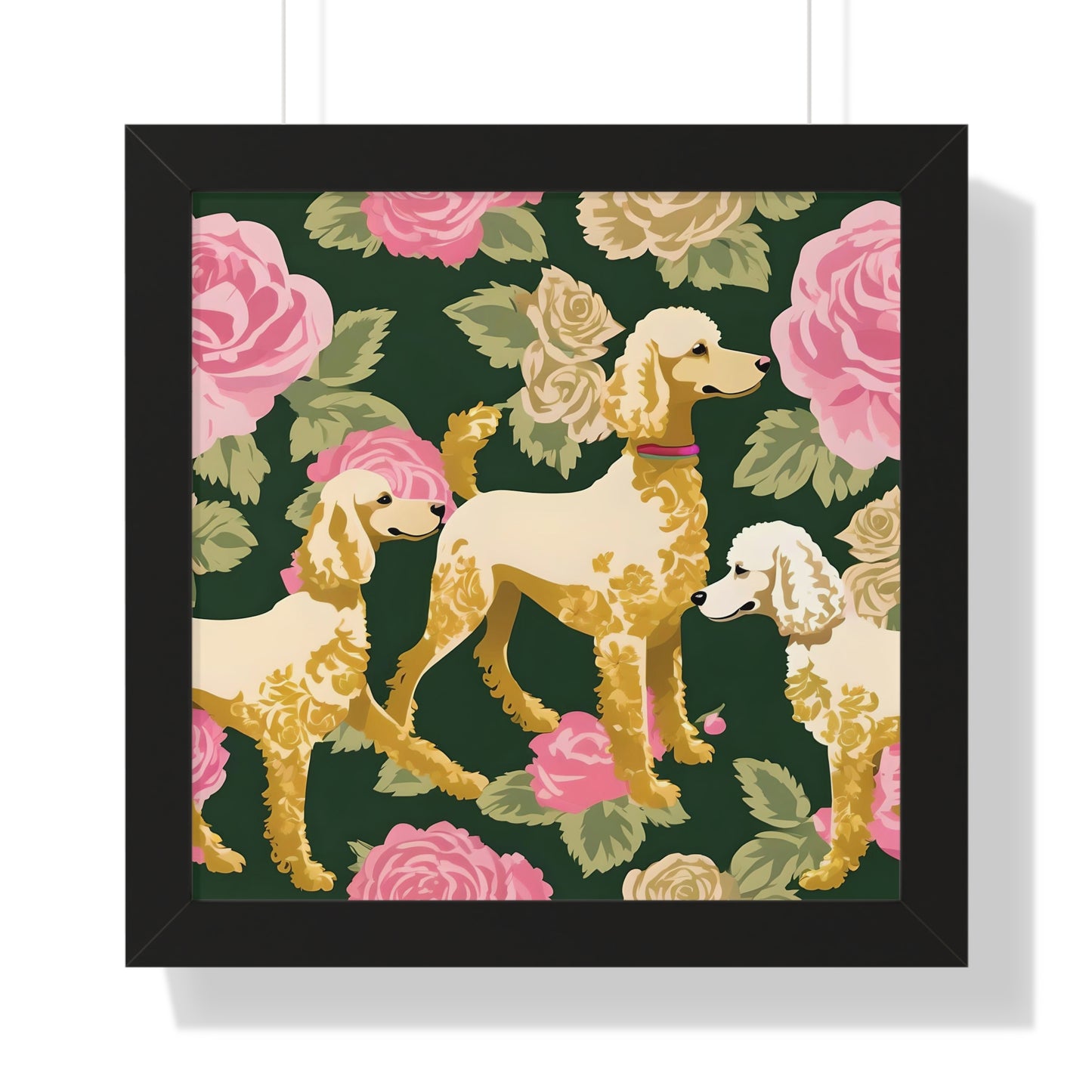 Vertical Poster - Stylish Framed - Art for Home Decor - Poodles In Dark Green & Pink Roses