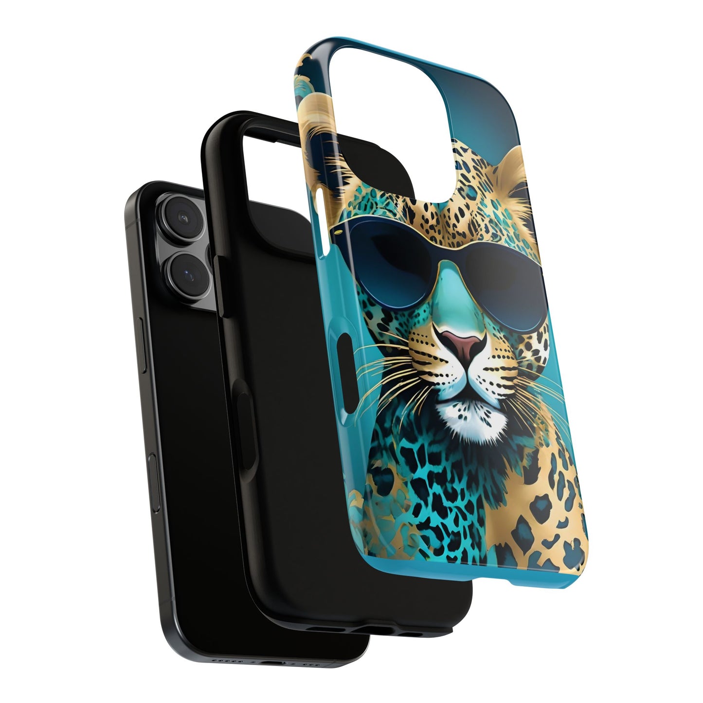 Phone Case - Aqua & Gold Leopard In Sunglasses Design