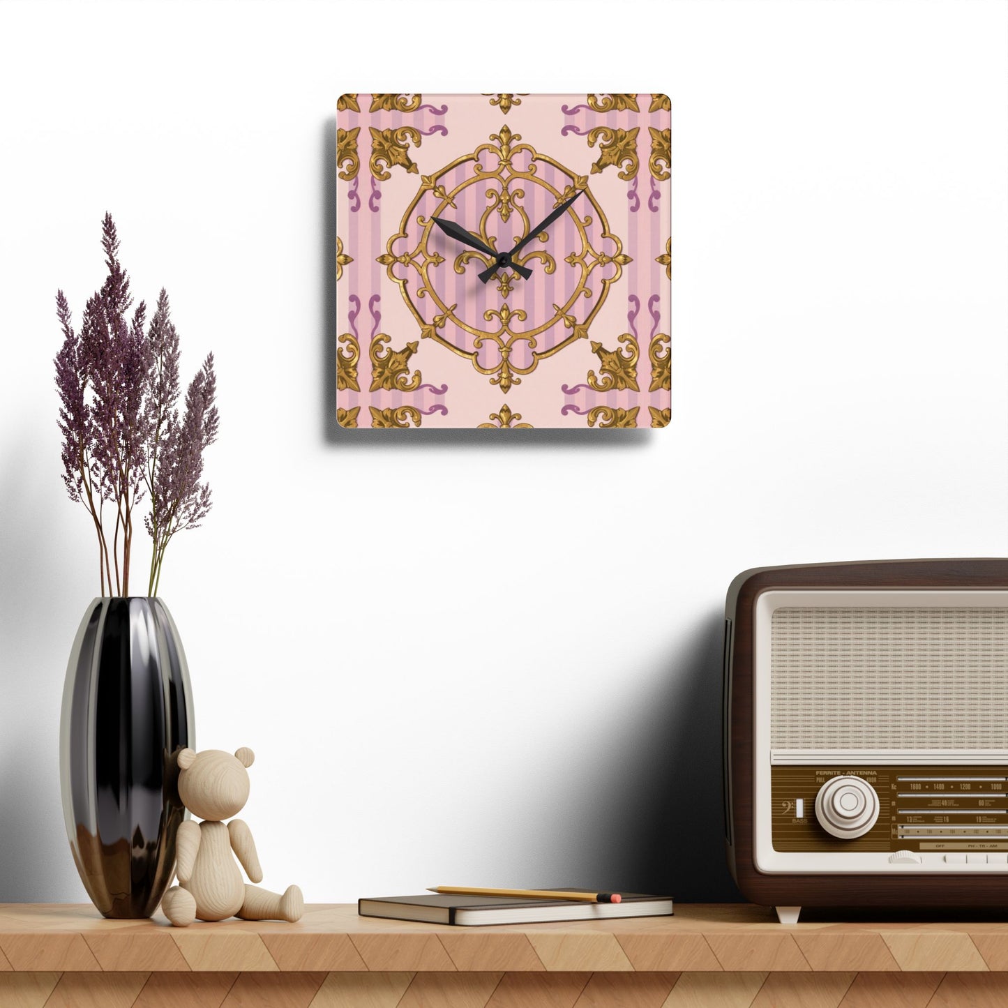 Elegant Vintage Lavender & Alabaster Striped Gold Baroque Acrylic Wall Clock, Chic Wall Art, Gift for Her, Stylish Living Room Accessory