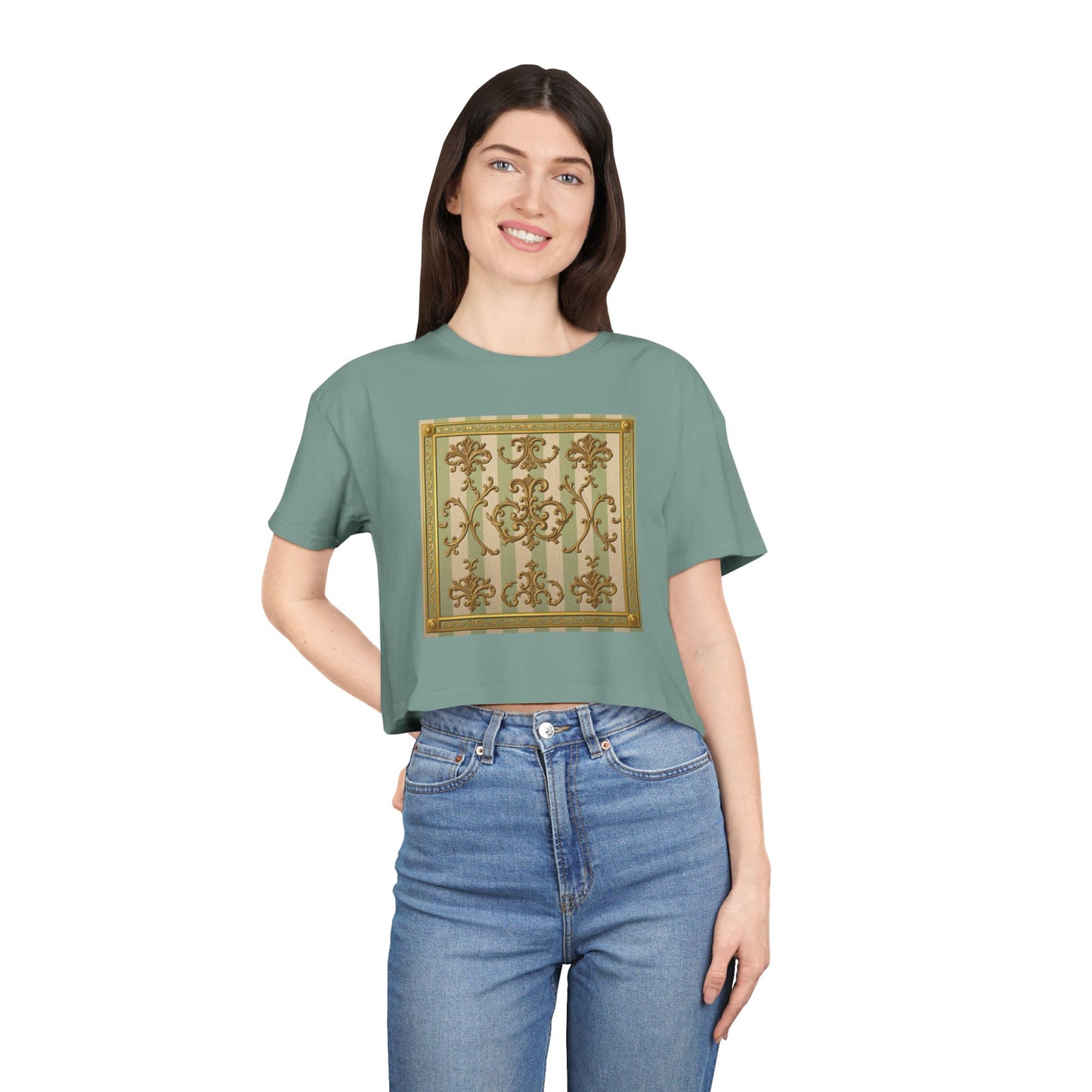 Stylish Women's Crop Tee with Elegant Print, Summer Fashion Top, Casual Chic Shirt, Gift for Her, Trendy Outfit - Mint & Beige Striped Gold Baroque