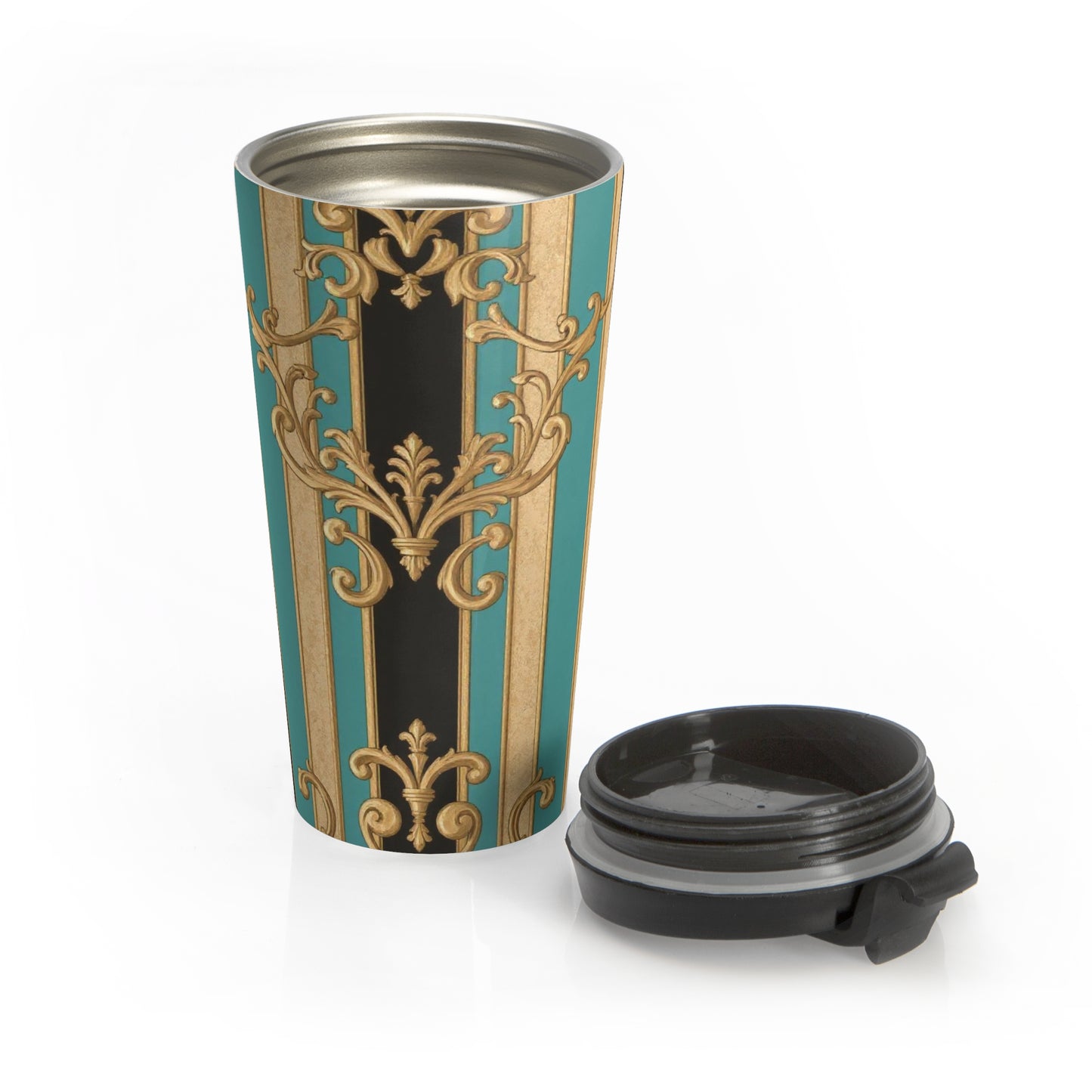 Elegant Black, Tan & Ocean Green Striped Gold Baroque Vintage Floral Stainless Steel Travel Mug | Personalized Travel Cup, Gift for Her