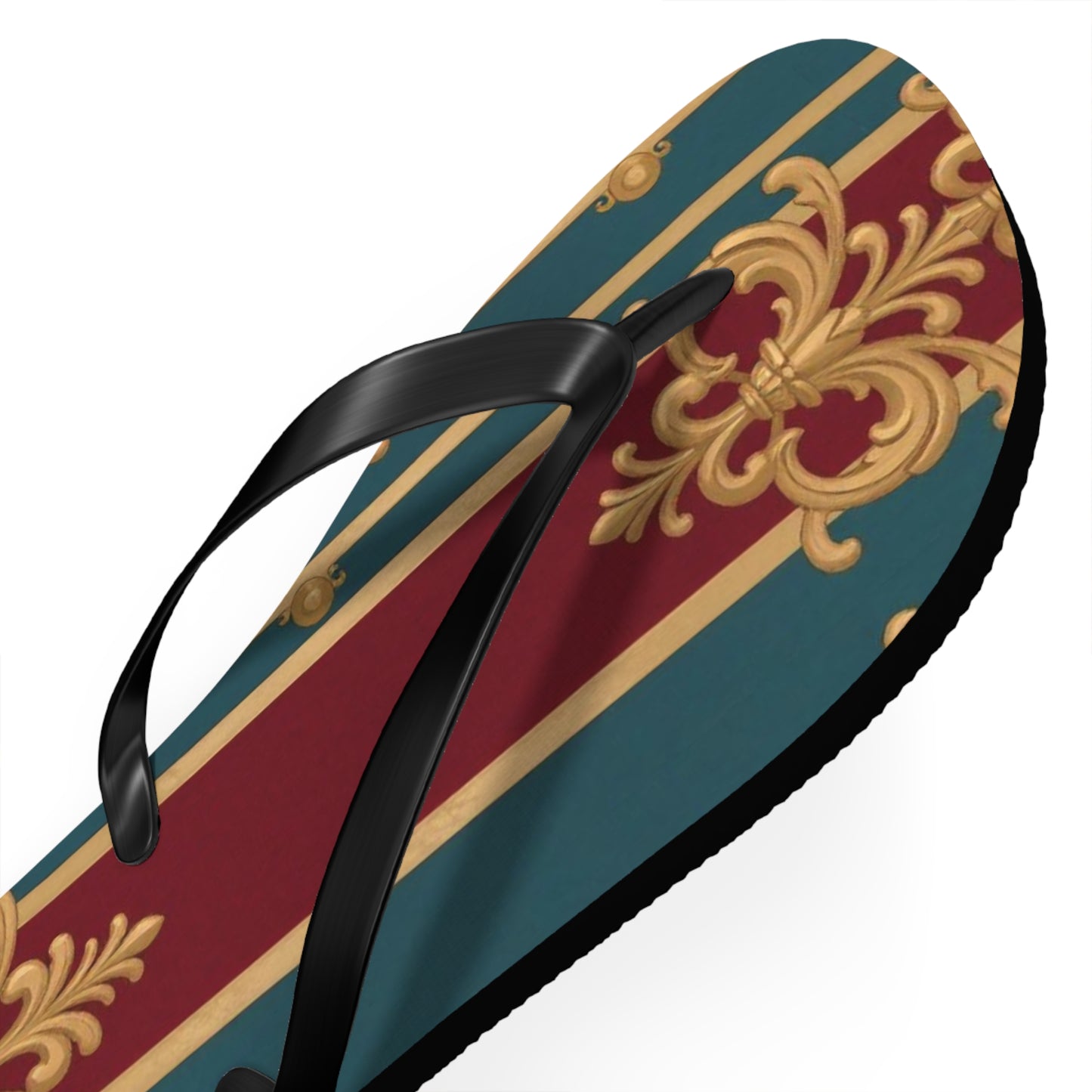 Elegant Floral Pattern Flip Flops, Stylish Beach Footwear, Summer Accessories, Vacation Sandals - Burgundy Striped Gold Baroque
