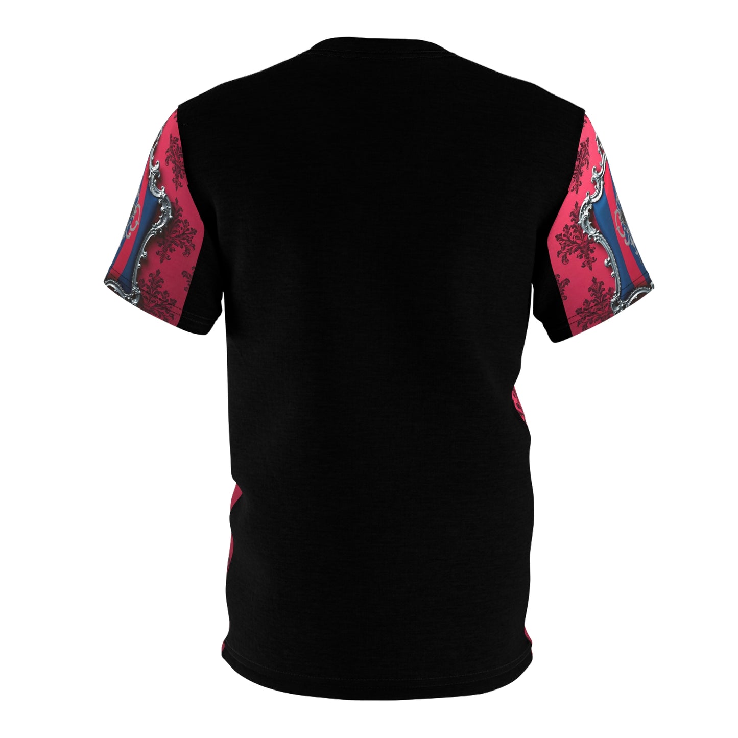 Baroque Elegance Unisex Tee, Unique Graphic T-Shirt, Bold Fashion Statement, Gift for Art Lovers - Blue & Red Striped Silver Crest