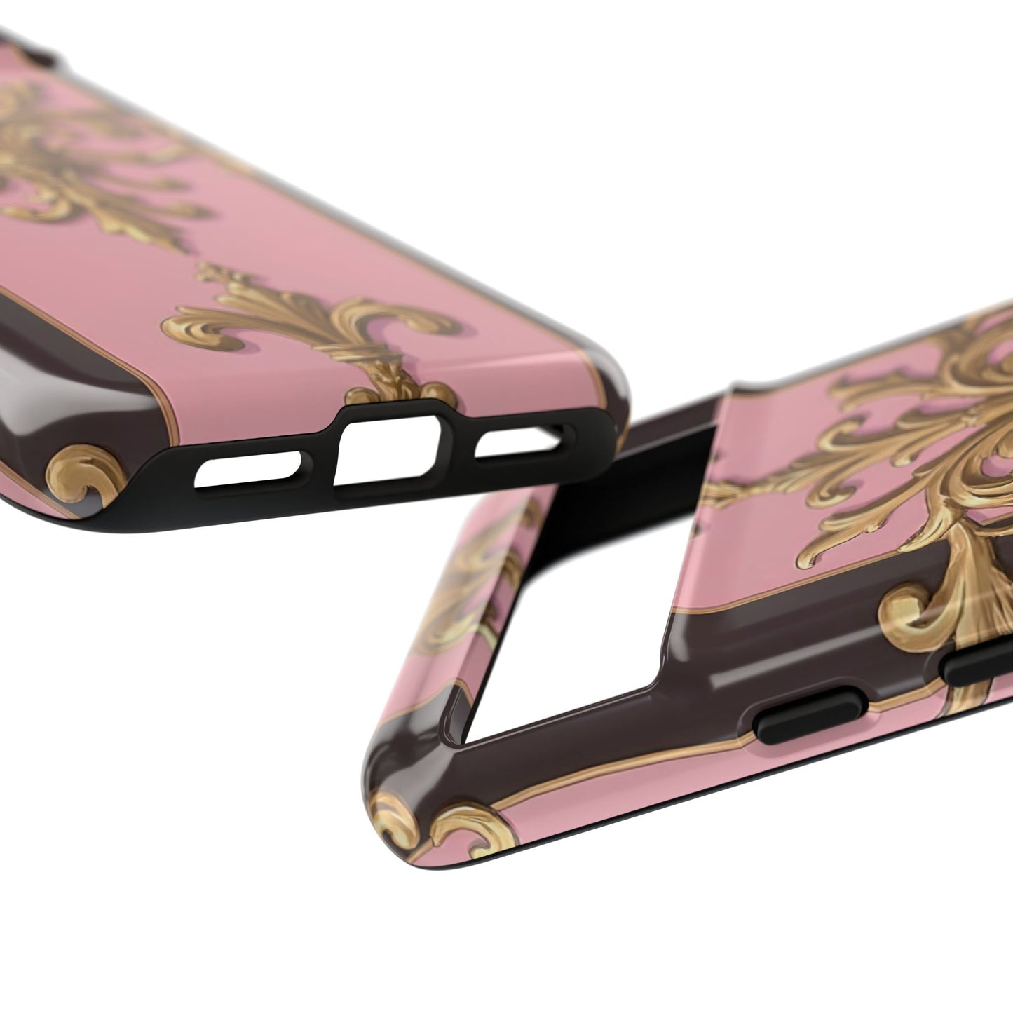 Elegant Floral Motif Phone Case - Tough Cases with Vintage Design - Pink & Brown Striped Gold Damask