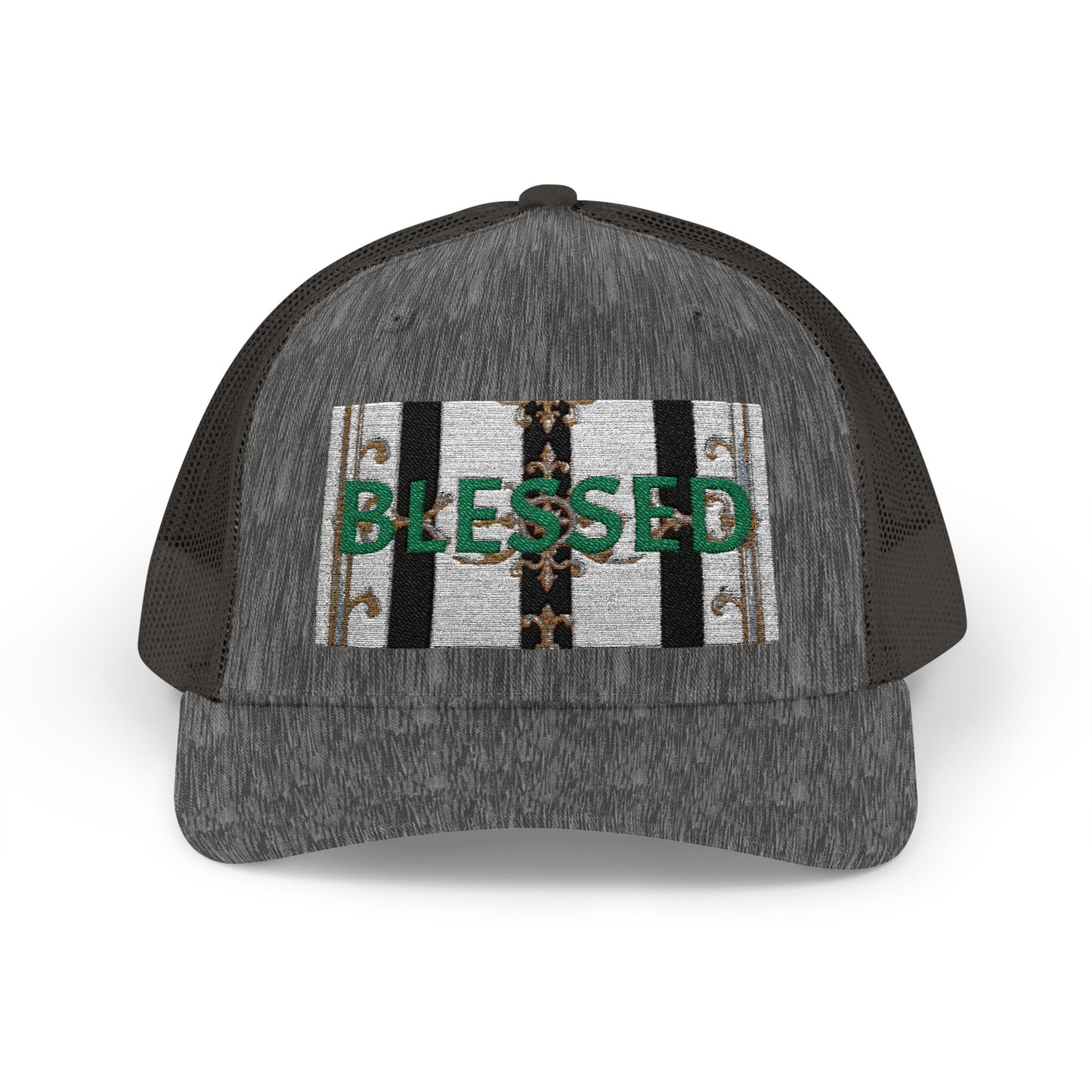 Blessed Snapback Trucker Cap | Casual Style, Outdoor Gear, Faith-Based Gift, Adjustable Hat, Everyday Fashion - Black & White Striped Gold Baroque
