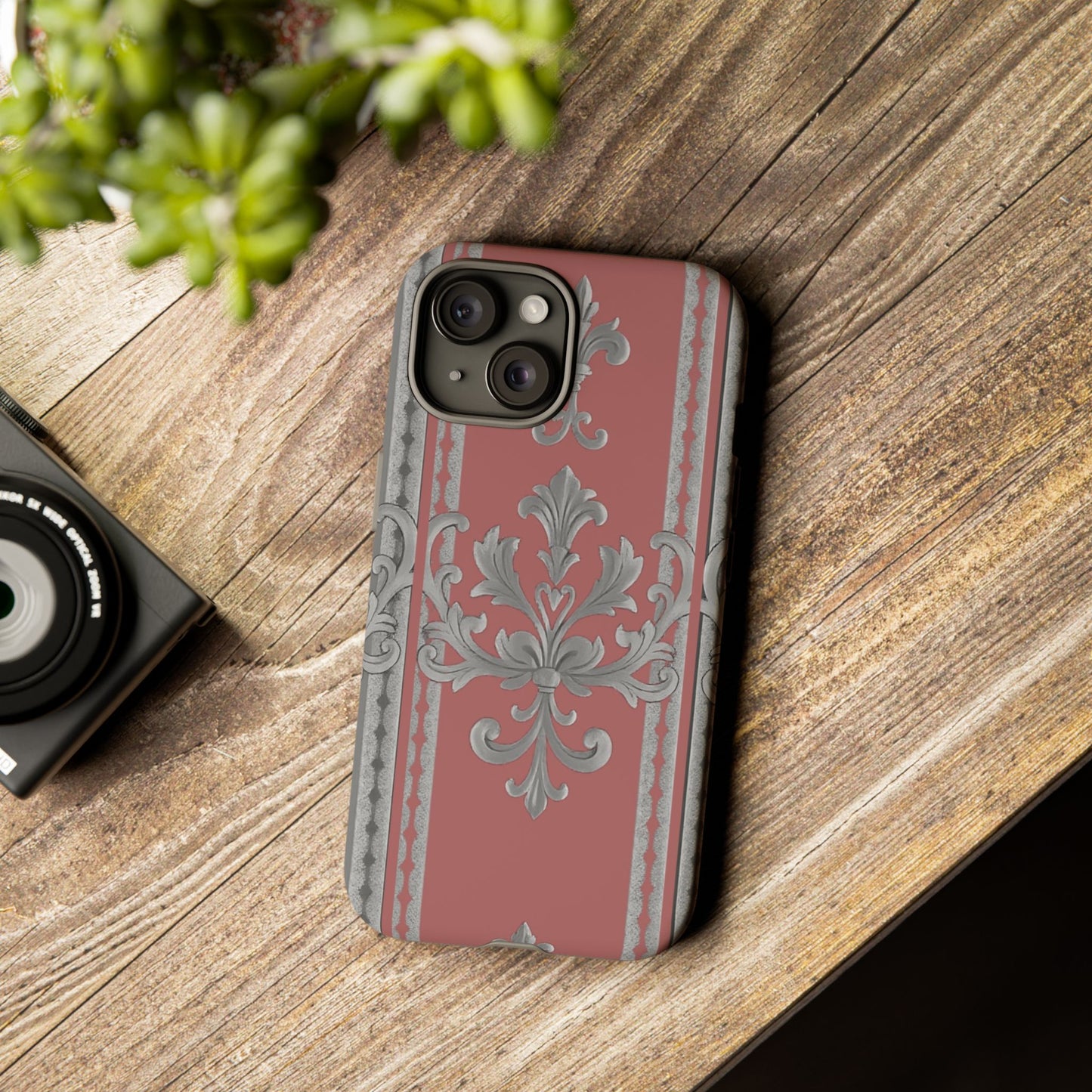 Elegant Floral Phone Case - Tough Cases for Stylish Protection - Gray & Mauve Striped Baroque