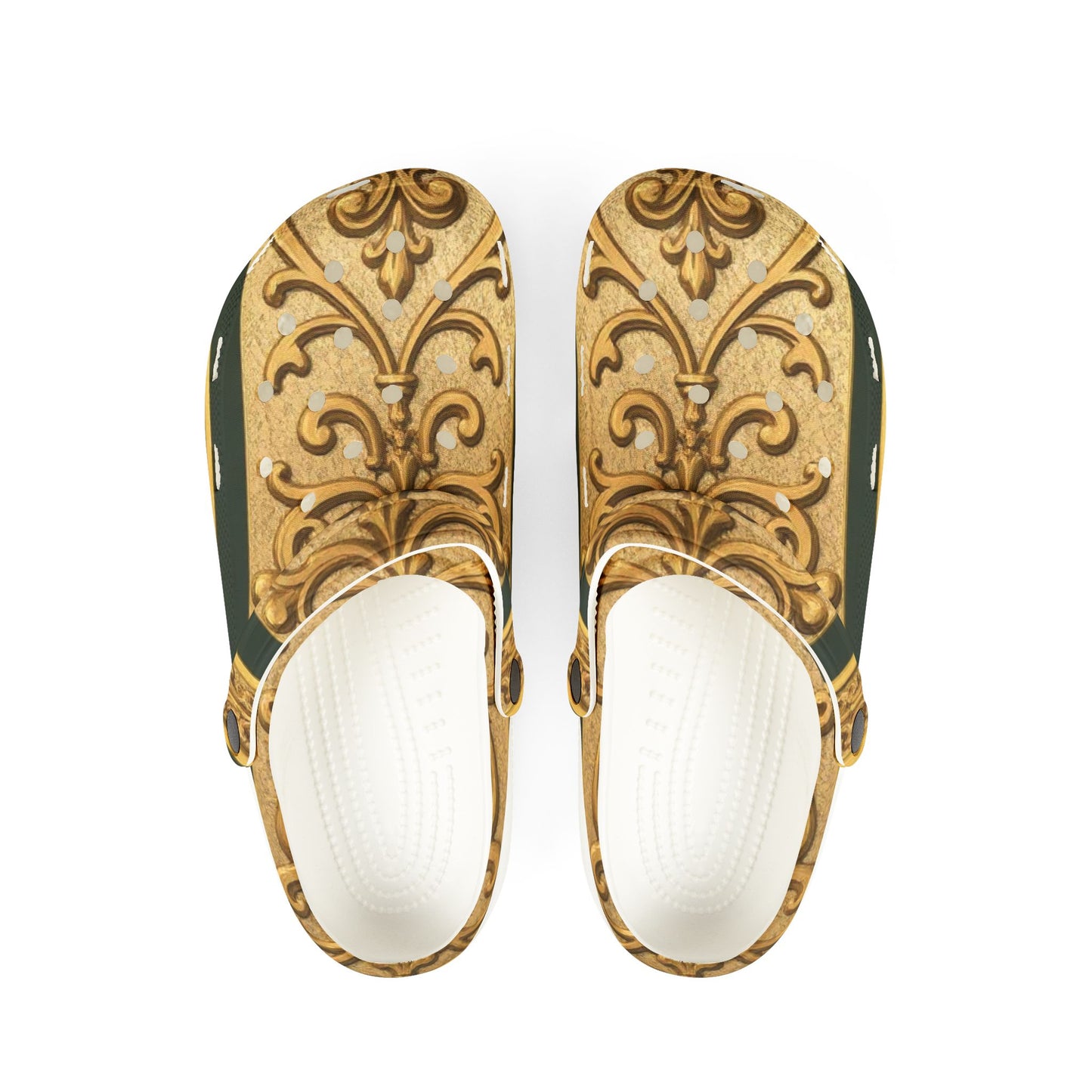 Elegant Teal Striped Gold Baroque Patterned EVA Foam Clogs, Comfortable Garden Shoes, Lightweight Slip-Ons for Everyday Wear, Unique House Slippers, Fashionable [...]