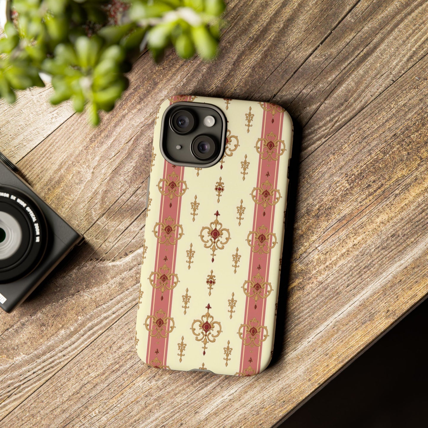 Elegant Floral Motif Phone Case - Tough Cases with Vintage Design - Mauve Striped Gold Damask