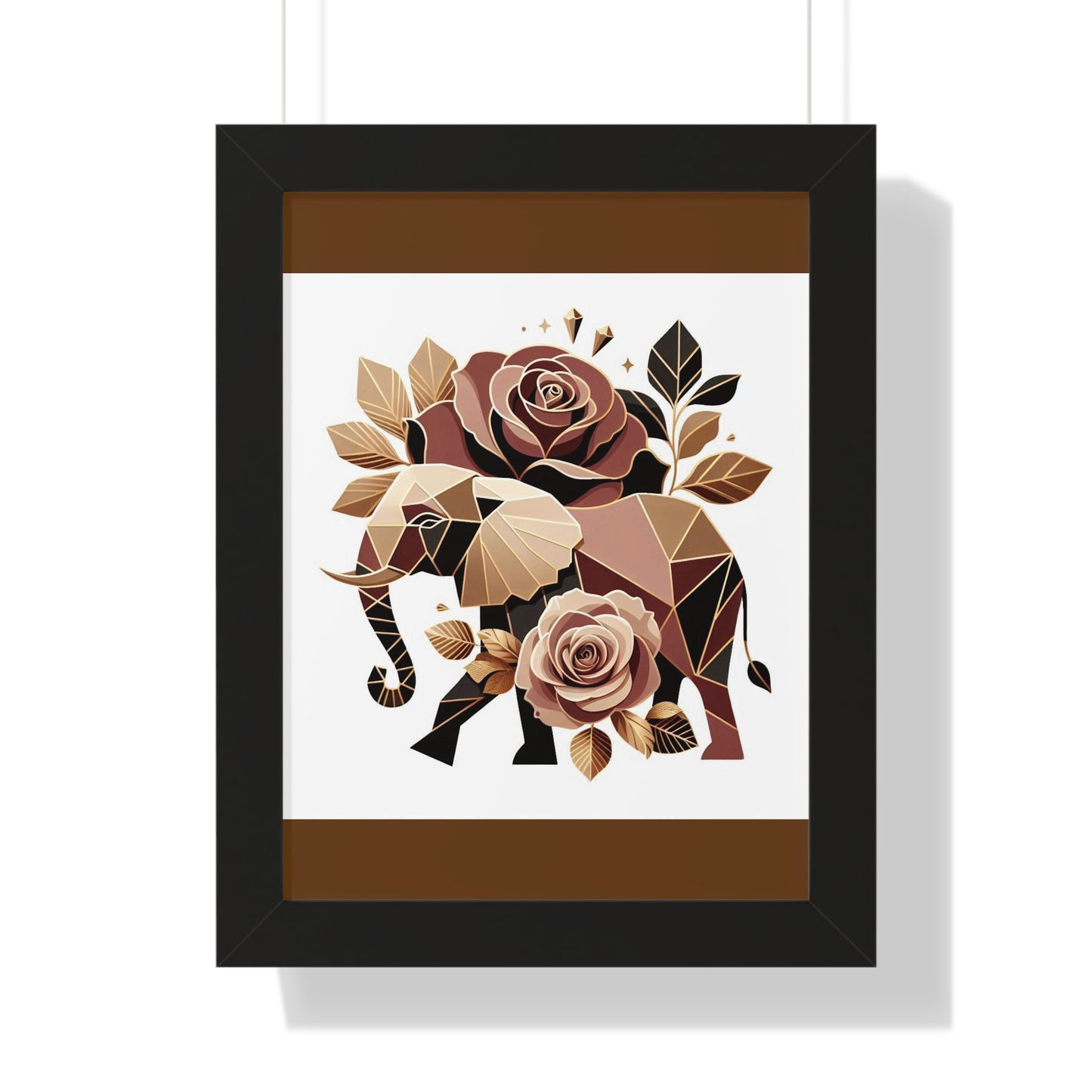 Vertical Poster - Brown & Gold Elephant & Roses Wall Art