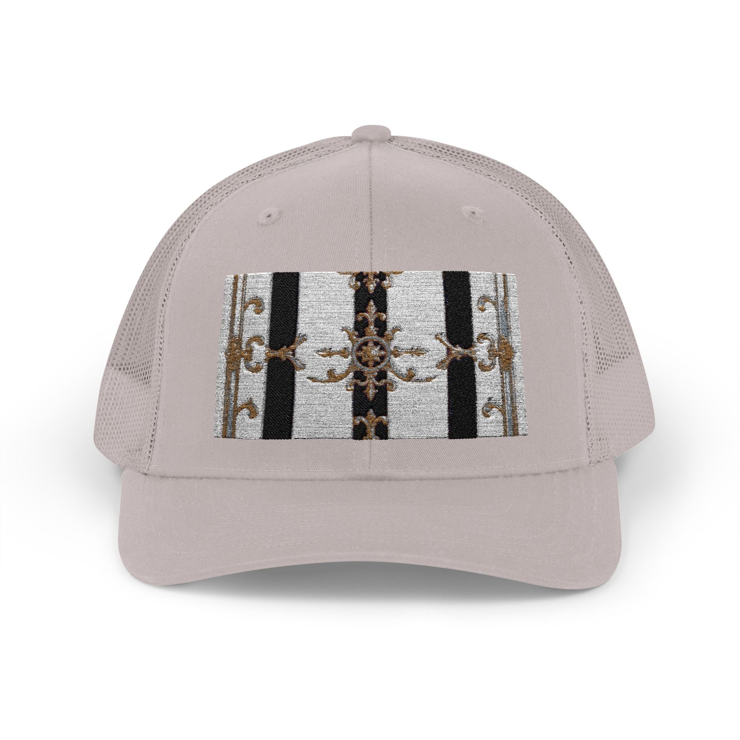 Trendy Snapback Trucker Cap, Casual Fashion Hat, Summer Accessory, Gift Idea for Cool Teens, Outdoor Activities - Black & White Striped Gold Baroque