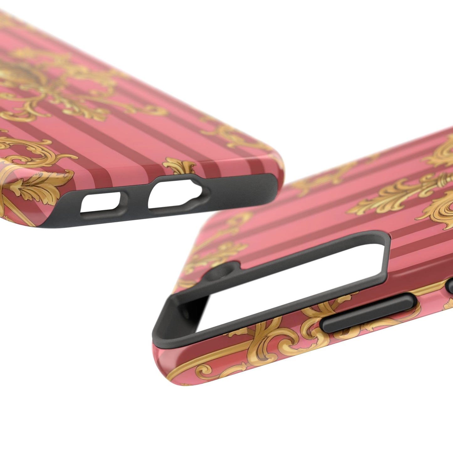 Elegant Baroque Tough Phone Cases, Durable Phone Cover, Stylish Accessory, Gift for Any Occasion - Pink Striped Gold Baroque