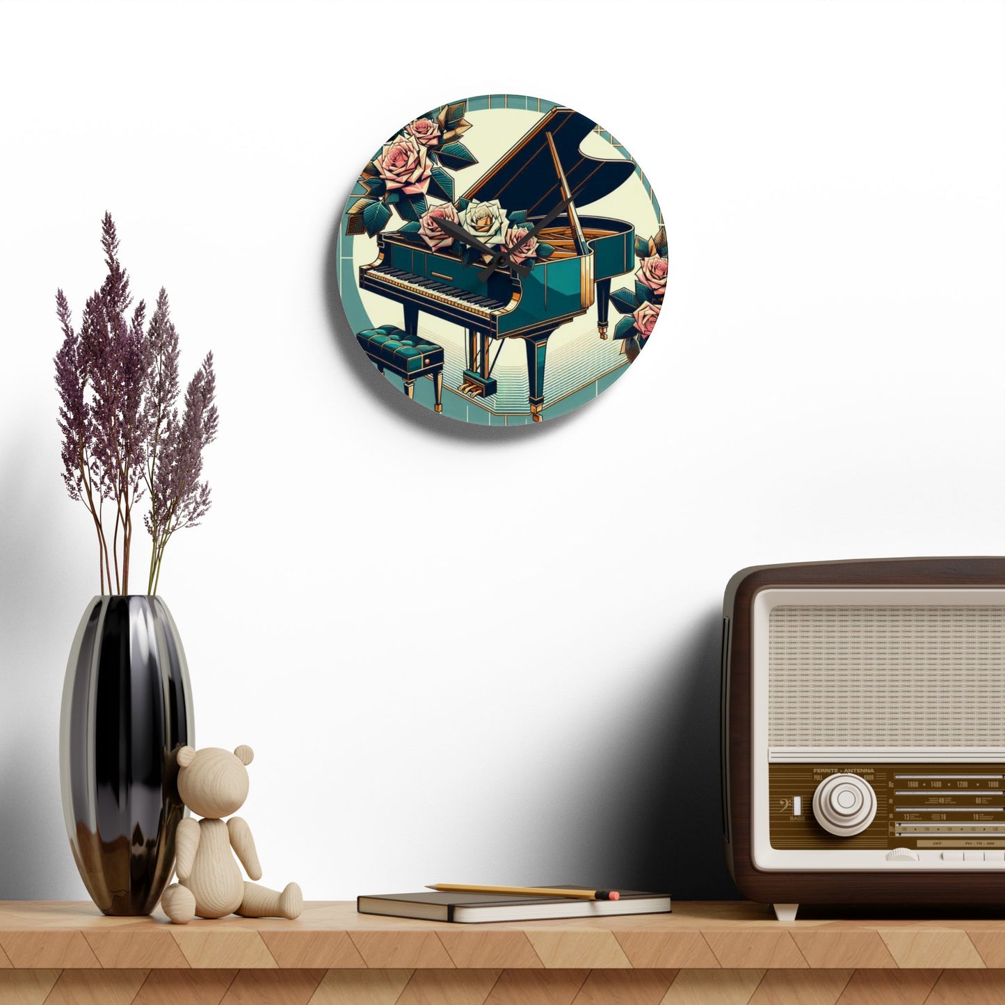 Elegant Piano & Roses Acrylic Wall Clock - Timeless Decor for Music Lovers