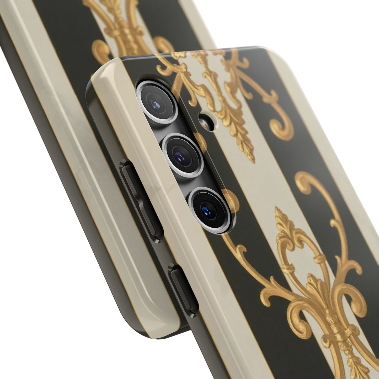 Elegant Black & Alabaster Striped Baroque Tough Phone Cases - Chic Protection, Black Gold Decor, Stylish Accessory, Gift for Her, Trendy Tech