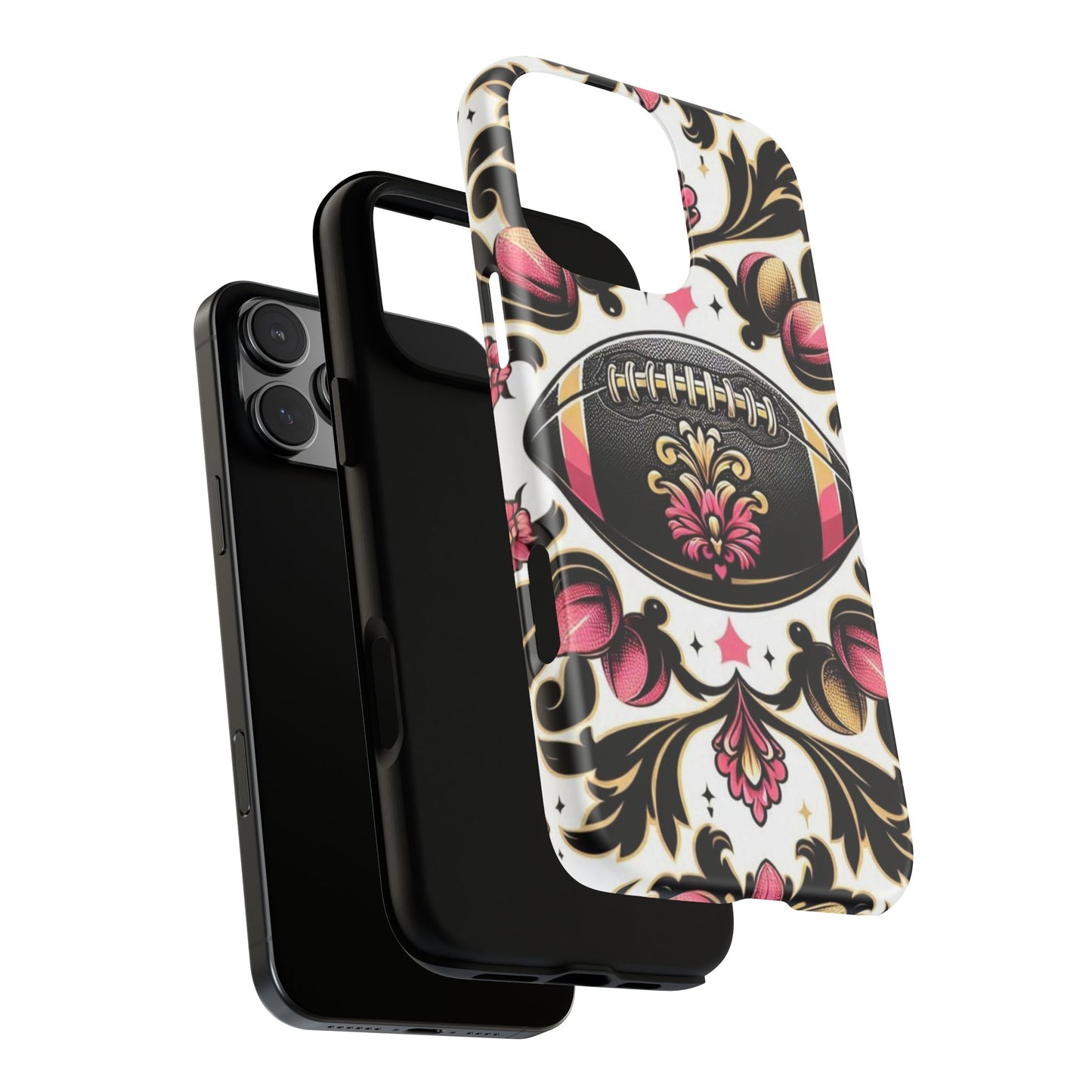 Elegant Floral Motif Phone Case - Tough Cases with Vintage Design - Damask White, Pink Gold & Black Football