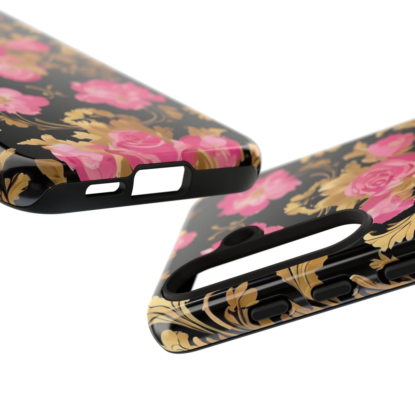 Elegant Floral Motif Phone Case - Tough Cases with Vintage Design - Pink & Gold Roses