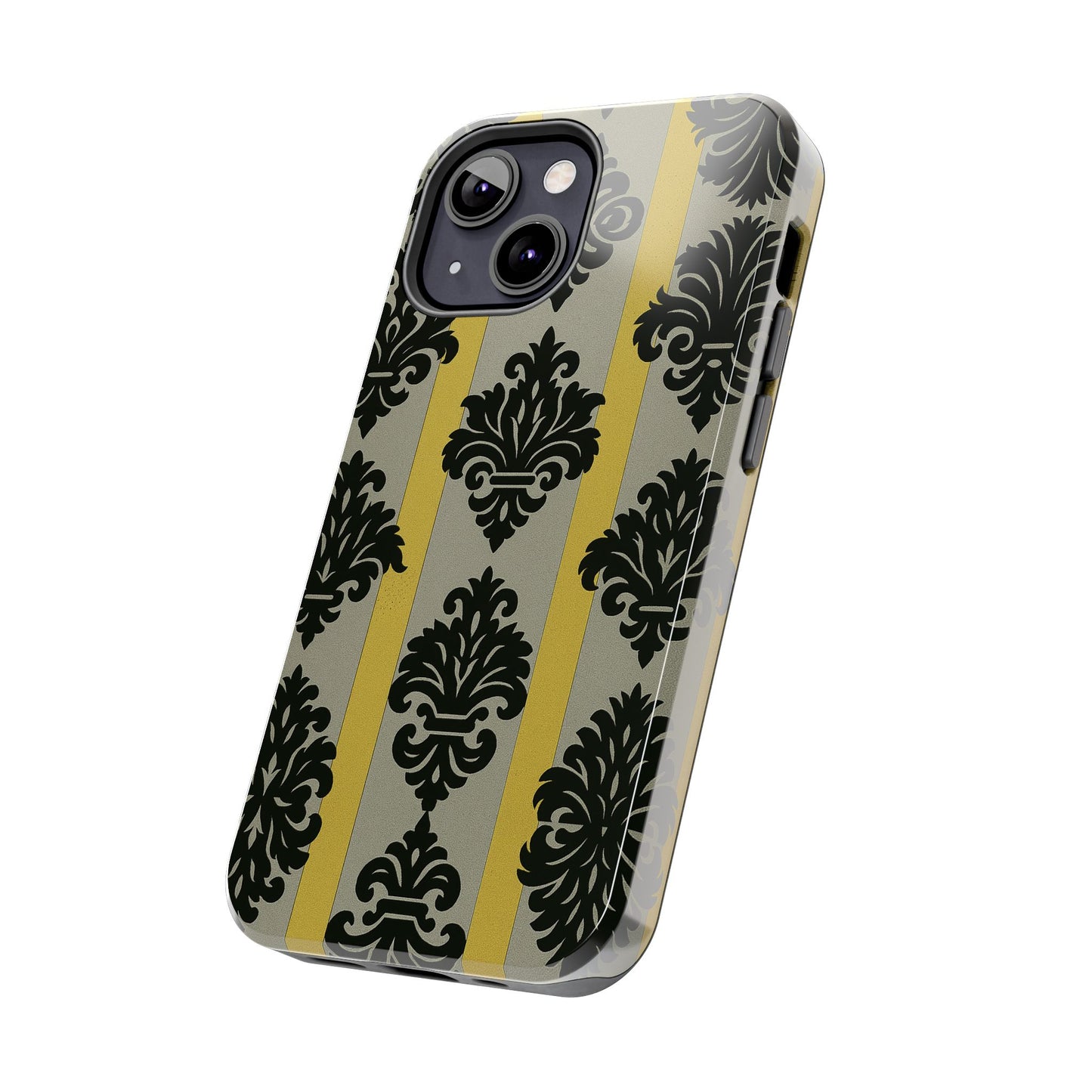 Elegant Baroque Tough Phone Cases | Chic Phone Protection | Gift for Her | Stylish Accessory | Holiday Gift Idea | Silver & Gold Striped Black Baroque