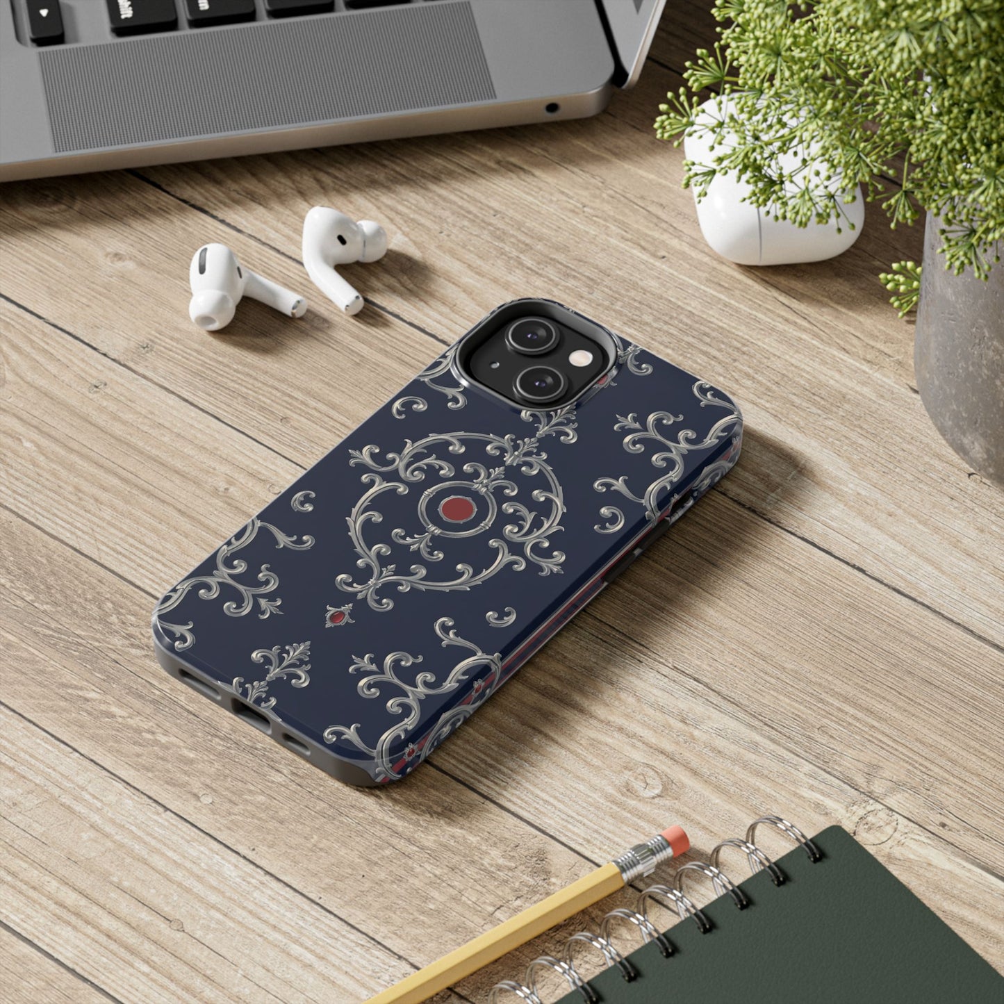 Elegant Patterned Tough Phone Cases for Stylish Protection, Gift for Her, Unique Accessories - Blue & Red Striped Silver Baroque