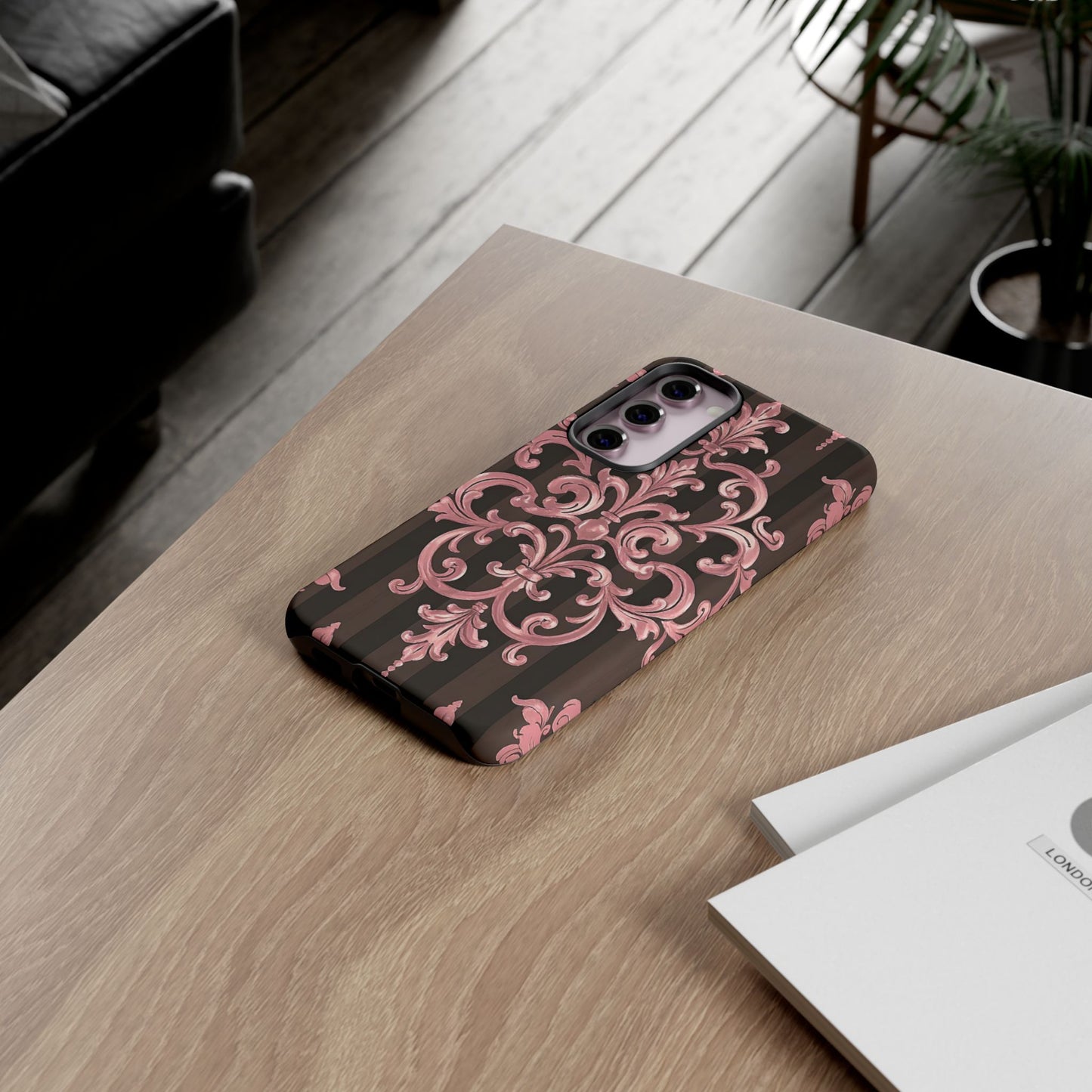 Elegant Floral Motif Phone Case - Tough Cases with Vintage Design - Brown Striped Mauve Damask