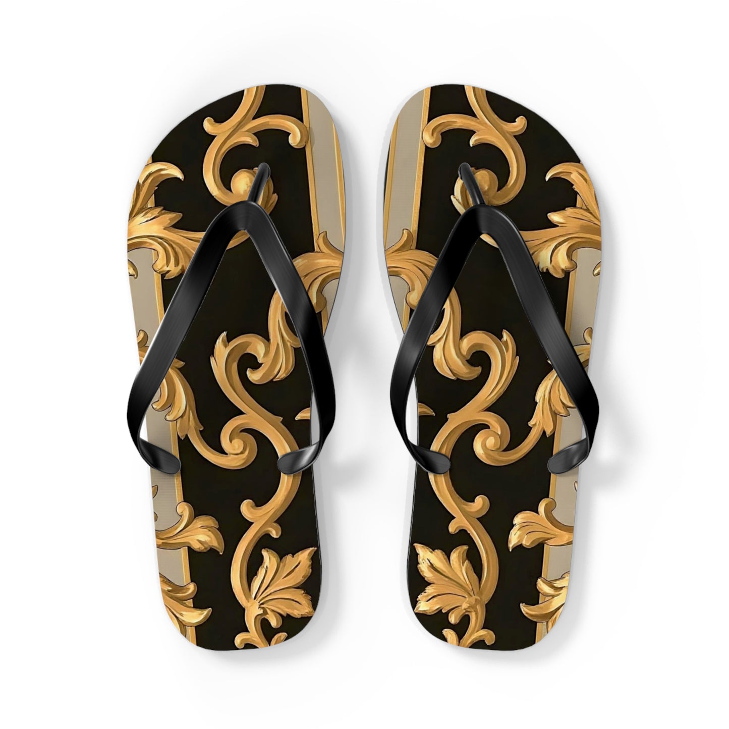 Stylish Flip Flops with Elegant Gold Design, Beachwear, Summer Sandals, Vacation Footwear, Poolside Essentials - Blue & Black Striped Rococo