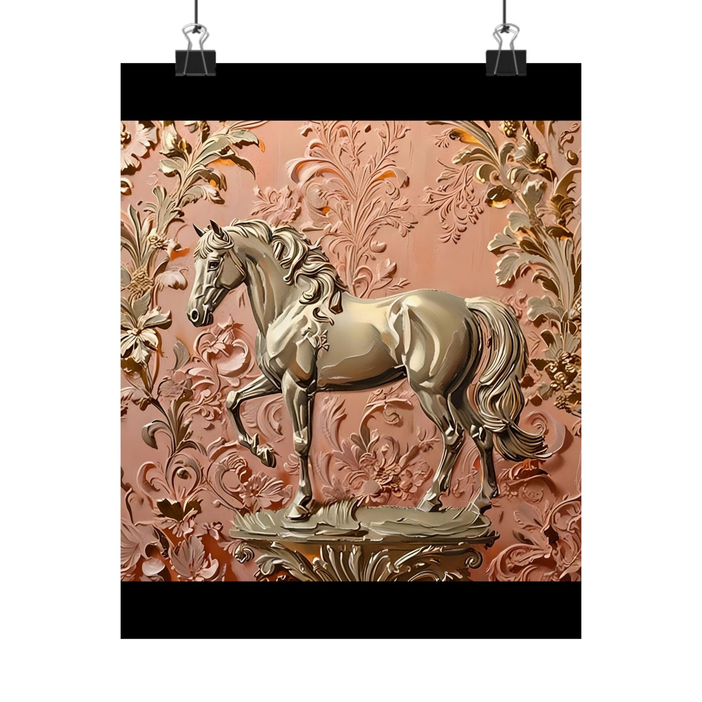 Floral Motif Art Poster - Elegant Matte Vertical Wall Decor - Gold Horse In Peach & Gold Damask