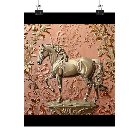 Floral Motif Art Poster - Elegant Matte Vertical Wall Decor - Gold Horse In Peach & Gold Damask
