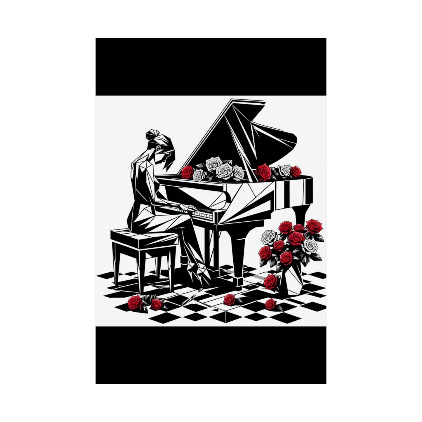 Vertical Poster - Black & White Grand Piano & Red Roses Design