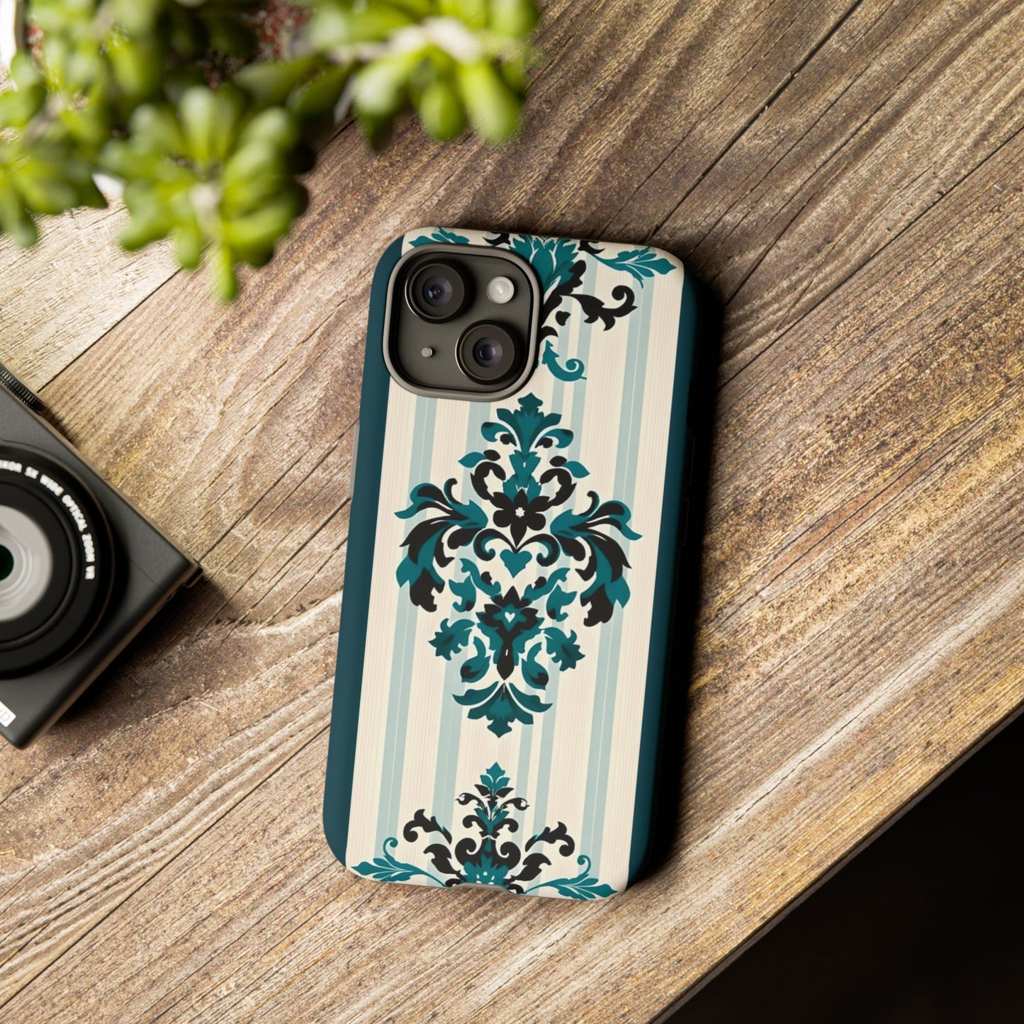 Elegant Floral Phone Case - Tough Cases with Vintage Design - Teal Striped Damask
