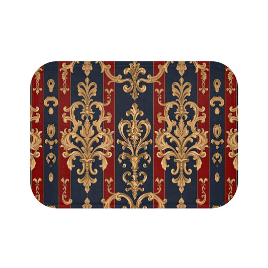 Elegant Vintage Bath Mat with Ornate Design for Luxurious Home Decor - Midnight Blue & Dusk Red Damask