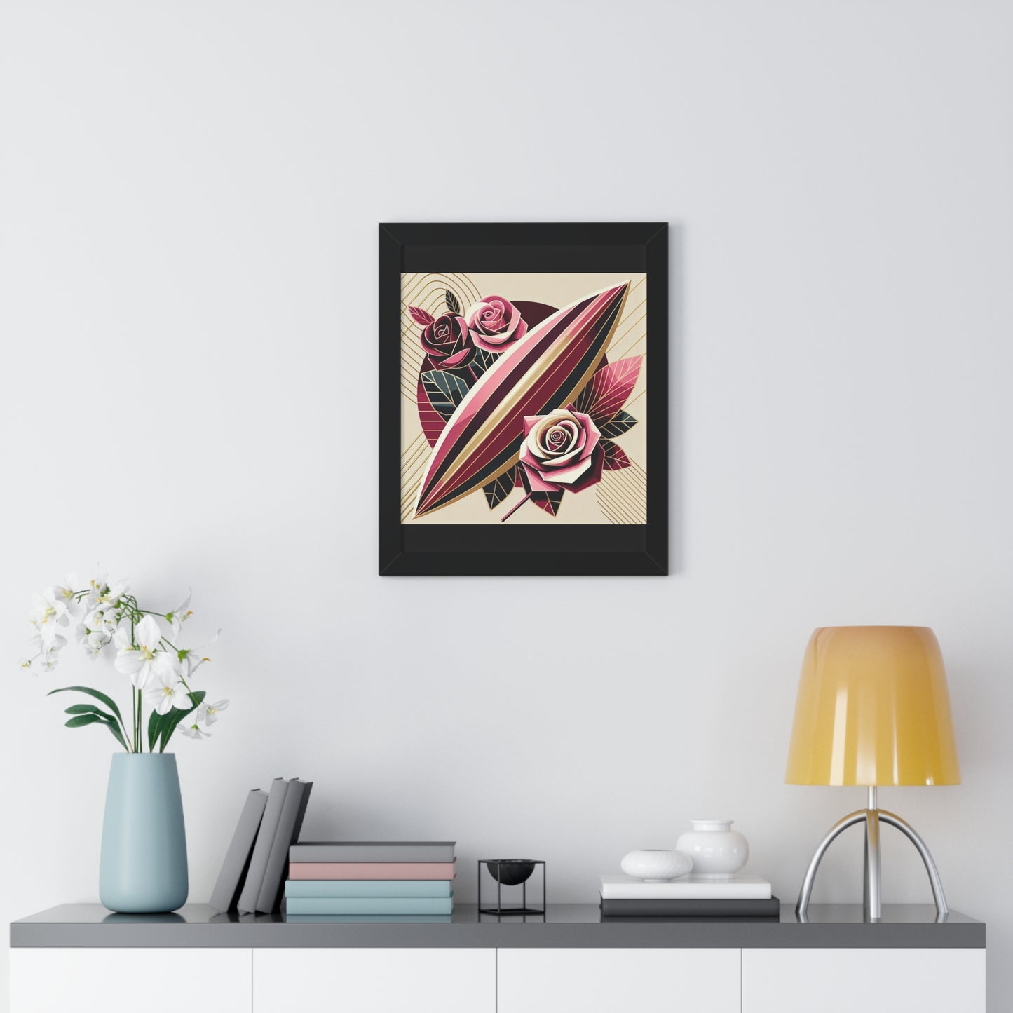 Vertical Poster - Pink & Burgundy Striped Surfboard & Roses Wall Art