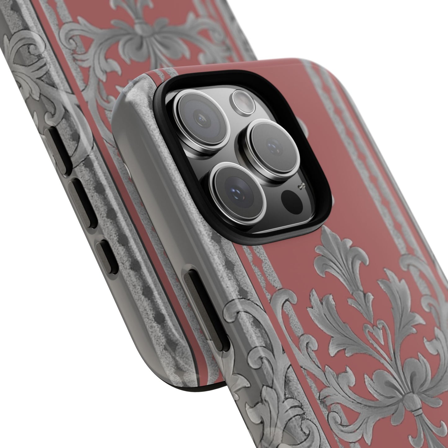 Elegant Floral Phone Case - Tough Cases for Stylish Protection - Gray & Mauve Striped Baroque