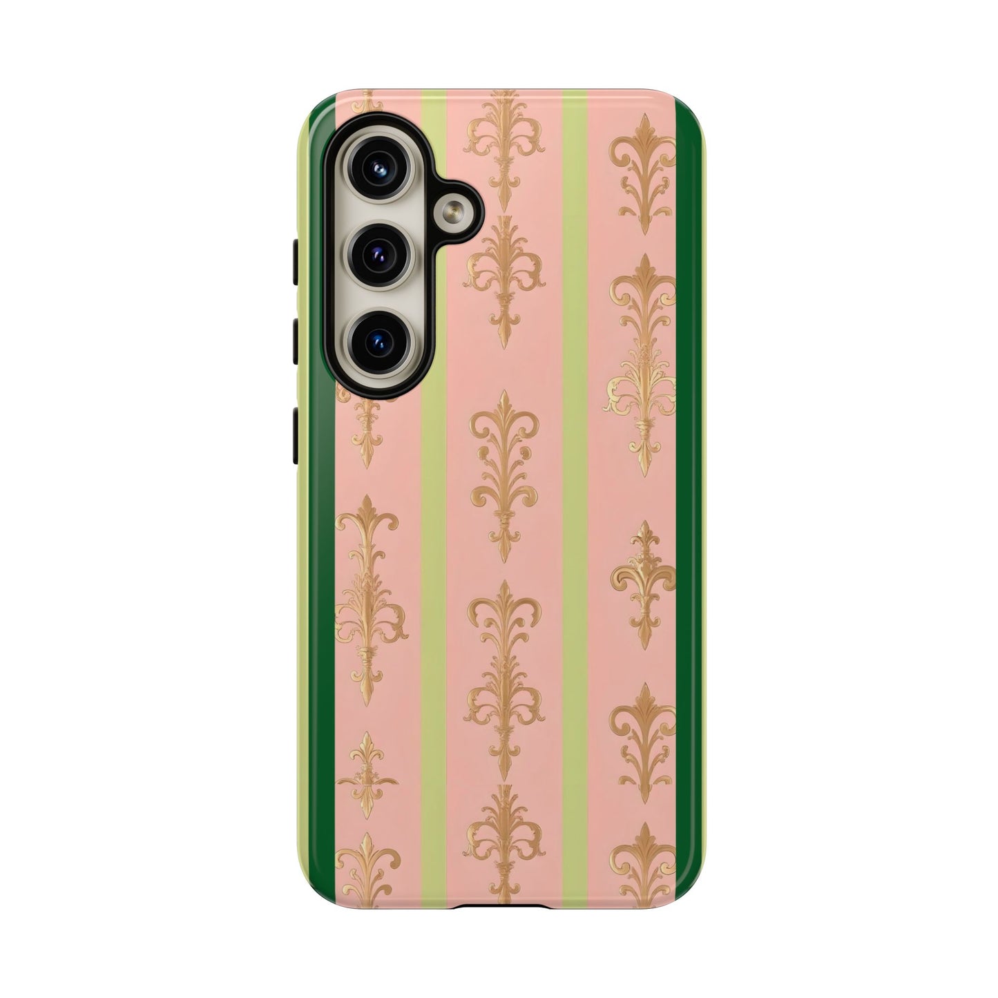 Elegant Floral Motif Phone Case - Tough Cases with Vintage Design - Lime Green & Pink Striped Damask