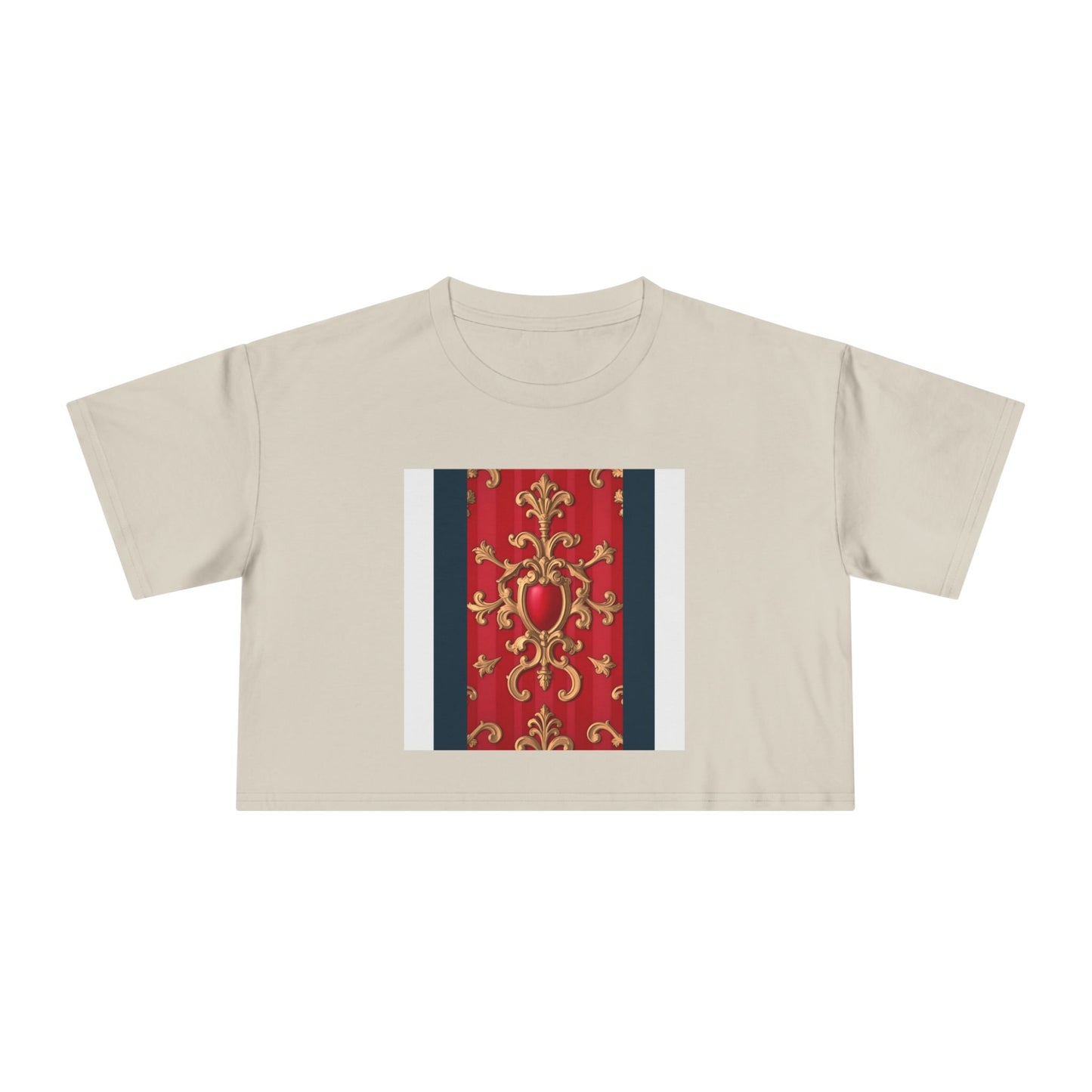 Women's Vintage Floral Crop Tee, Casual Summer Top, Bohemian Fashion, Trendy T-Shirt, Vacation Outfit - Blue, Red & White Striped Baroque