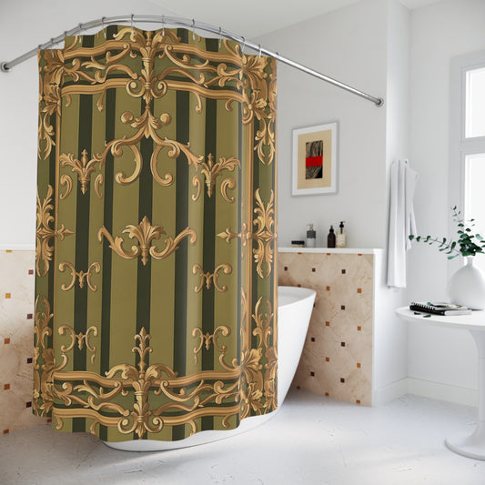 Elegant Vintage-Style Shower Curtain, Bathroom Decor, Home Essentials, Shower Accessories, Luxurious Design - Olive Green Striped Rococo