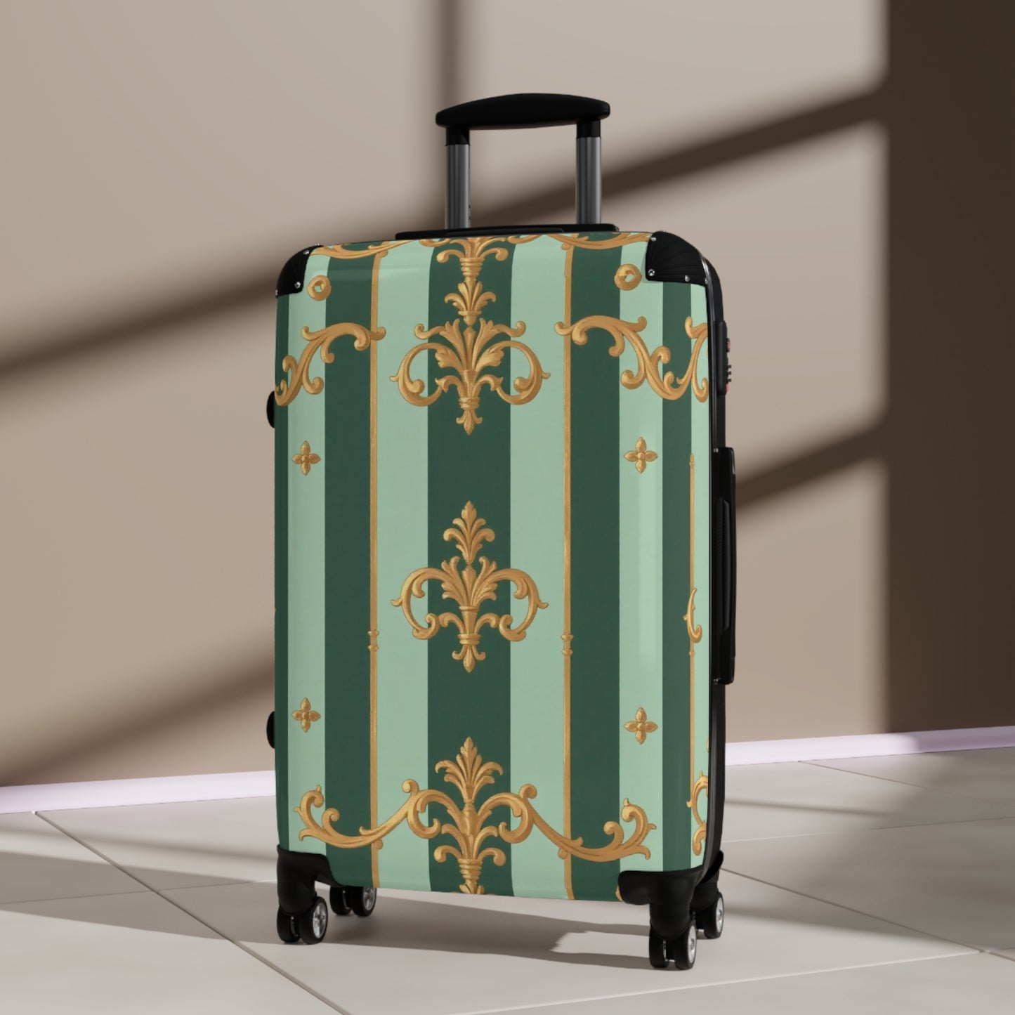 Stylish Travel Suitcase with Elegant Design, Luggage, Vacation Gear, Travel Accessories, Travel Gift - Mint Green & Teal Striped Gold Baroque