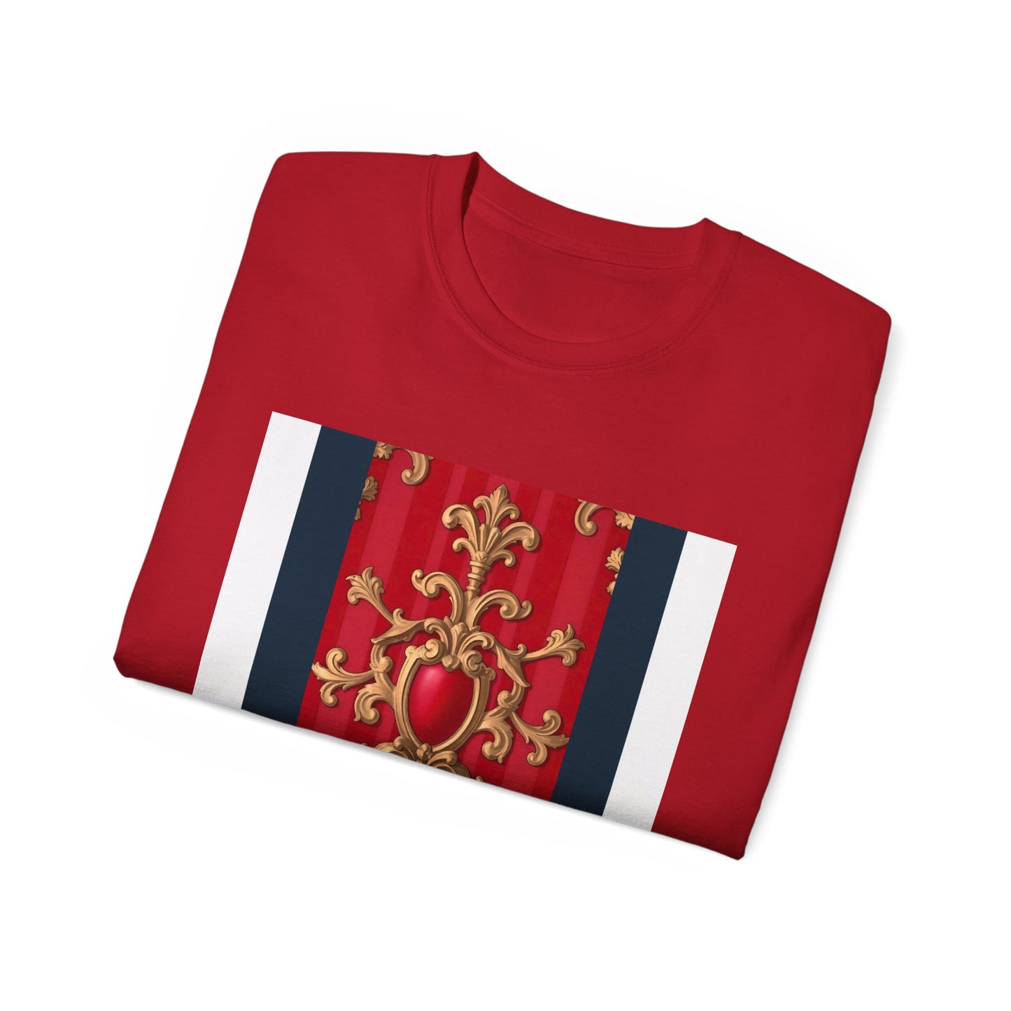 Regal Red Baroque T-Shirt, Artistic Tee, Gift for Art Lovers, Fashionable Statement Shirt, Unique Graphic Top - Blue, Red & White Striped Baroque