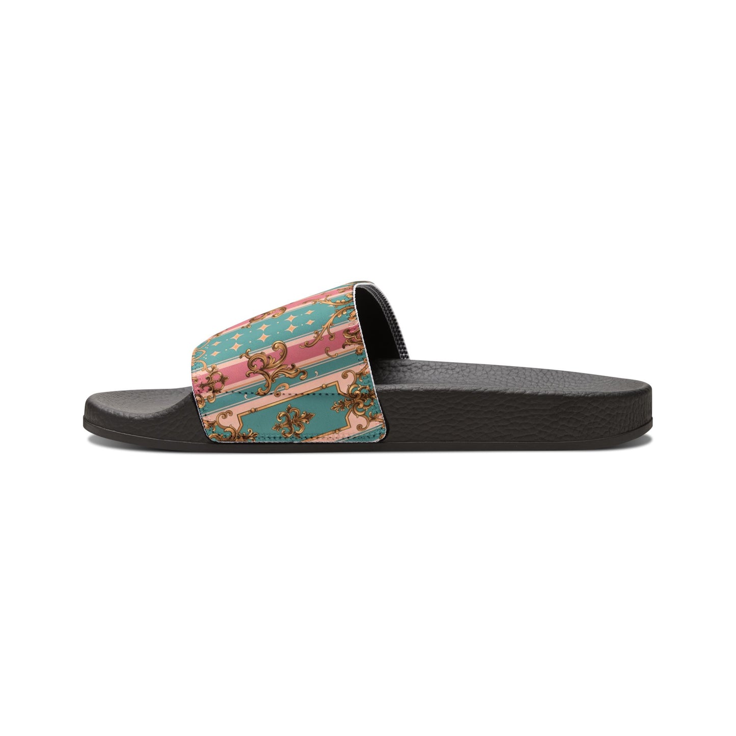 Stylish Women's Removable-Strap Sandals, Trendy Summer Footwear, Comfortable Beach Slides - Pink & Matte Turquoise Striped Rococo